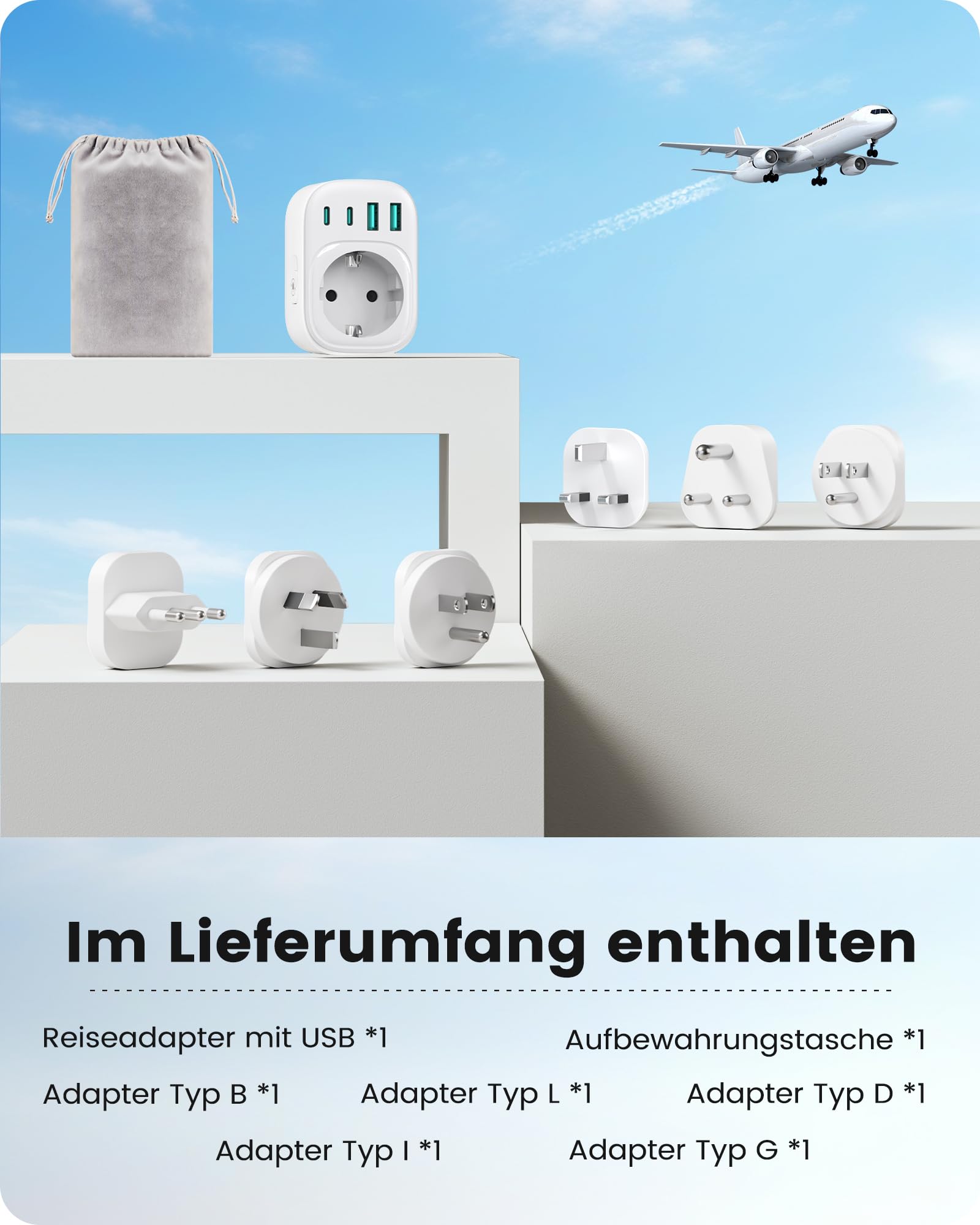 LENCENT Reiseadapter Weltweit Set Typ B, L, D, G, I, Universal Travel Adapter Internationaler Steckdosenadapter für USA England Japan Costa Rica Mexico Thailand Malediven Sri Lanka Australien