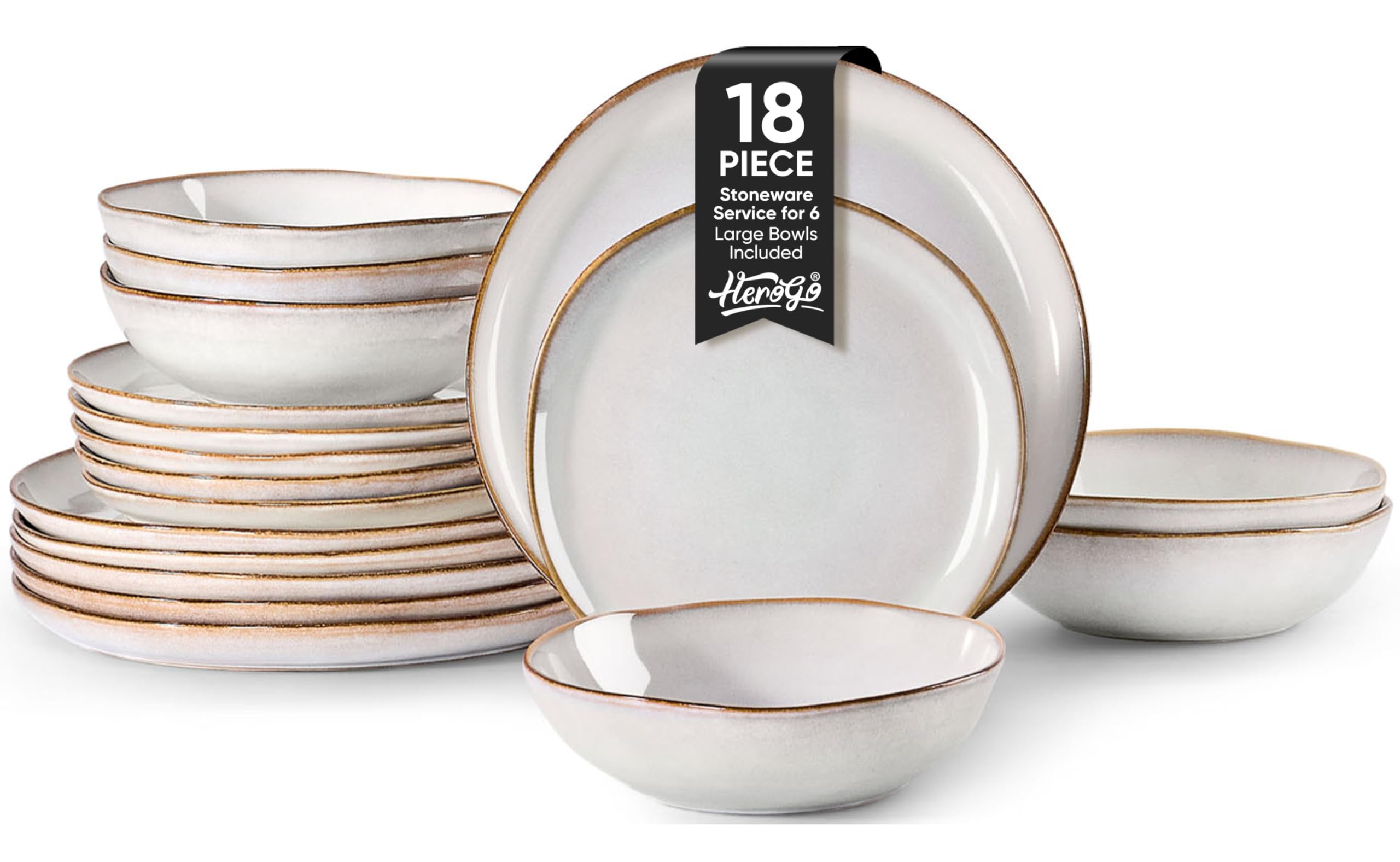 Herogo 18 Piece Stoneware Dinnerware Sets for 6, Plates and Bowls Dinner Dish Set, Irregular Handmade Dinning Ware Dishware for Home Kitchen,