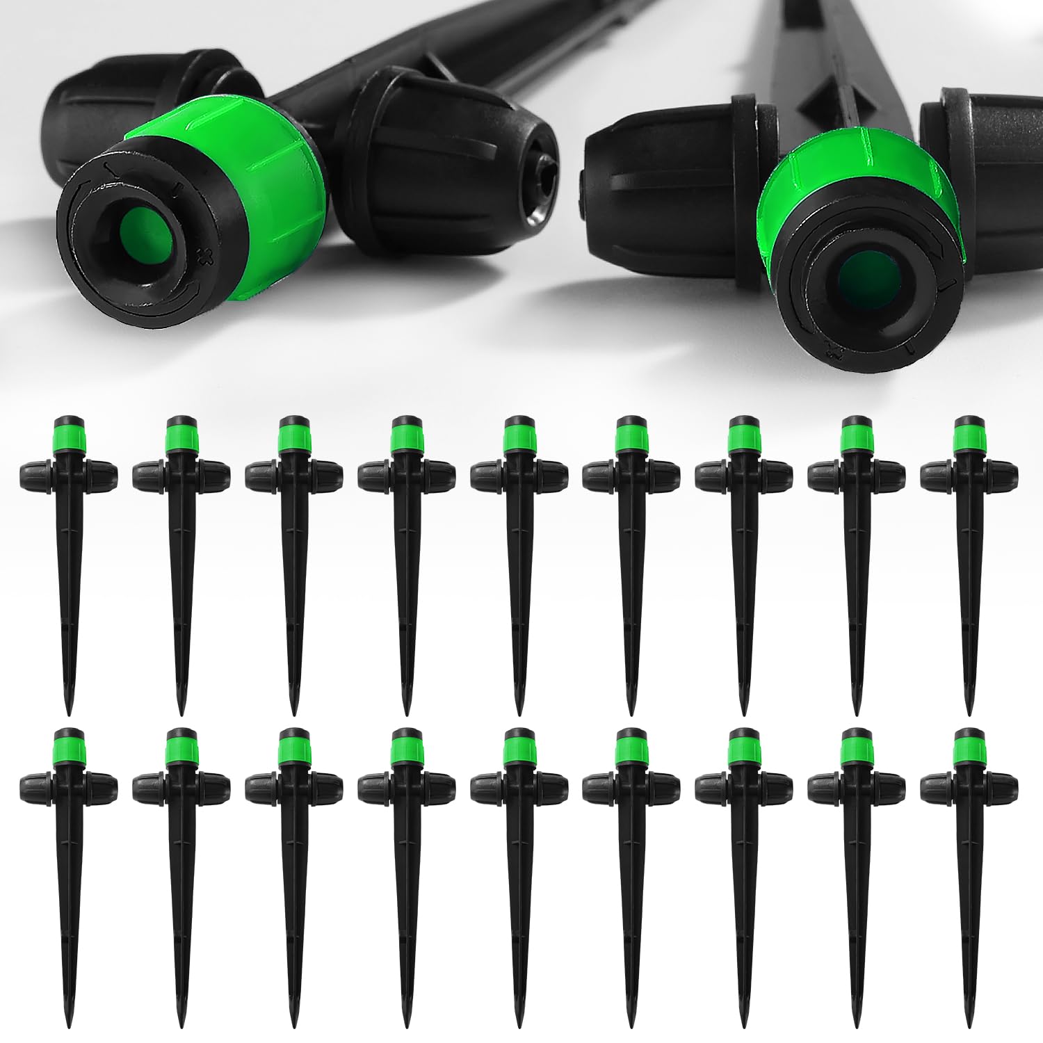 VooGenzek 18 PCS Adjustable 360 Degree Water Flow Drippers, Drip Emitters with Lock Barbed for 1/4 Inch Tubing, Drip Irrigation Emitter Sprayer with Stake, for Garden Irrigation System, Green