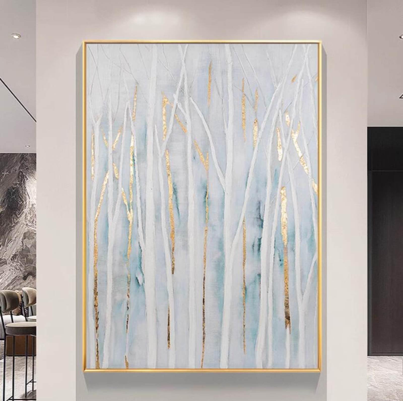 Peintures abstraites peintes à la main grand format tableau feuille d'or forêt texturée