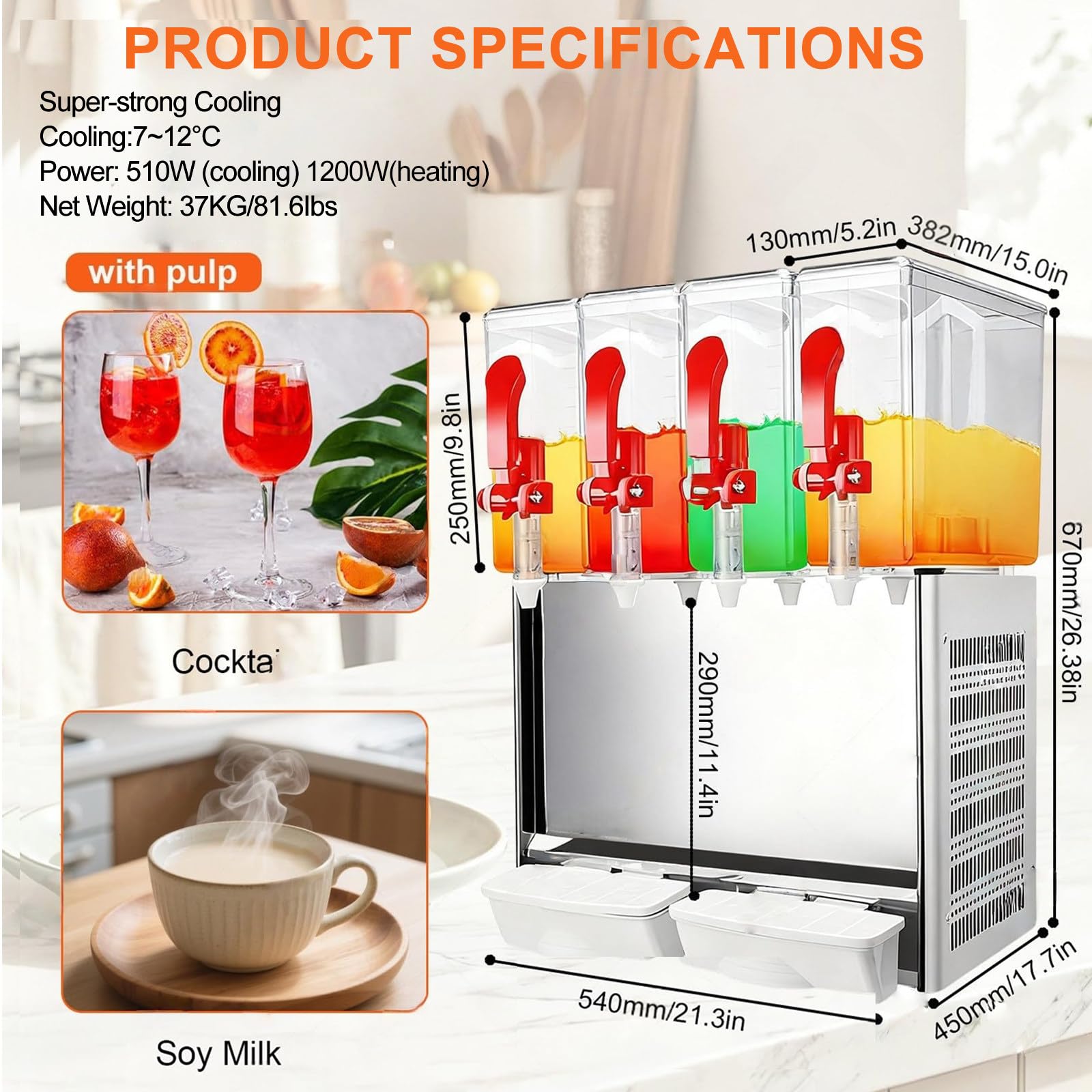 Dispensador de Bebidas Comercial, Dispensador de Zumos, 45~54℉, Acero Inoxidable, Gran Capacidad, Dispensador de Bebidas de Alta Eficiencia Para Fiestas Barbacoas Bodas WithPulp-40LHotandCold