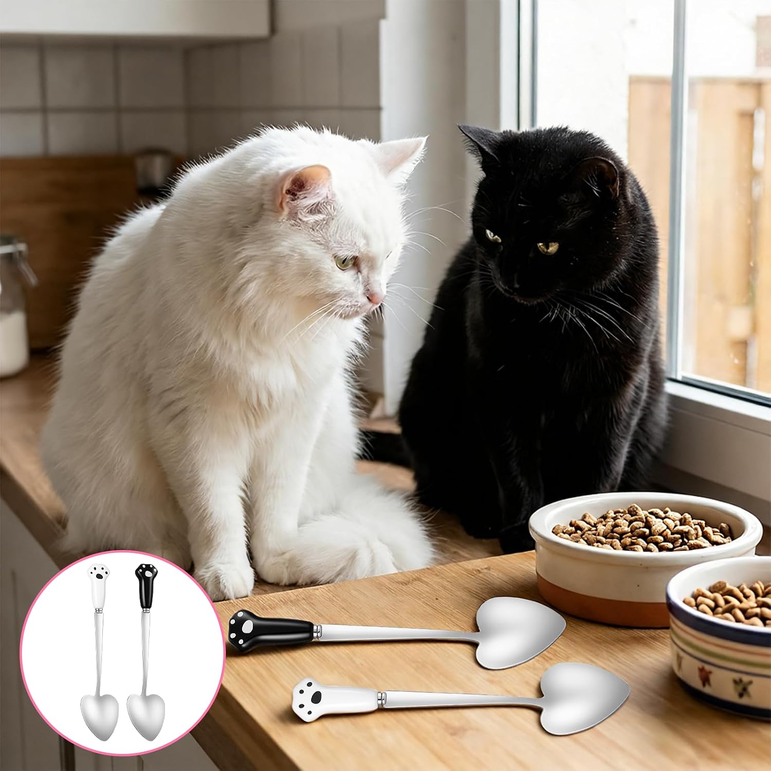 2 Pcs Stainless Steel Dog Cat Paw Spoons for Wet Food Heart Shaped Pet Can Spoon Ceramic Cat Claw Long Handle Spoon Cute Cats Food Feeding Scoop Pet Feeder Spoons (White and Black)