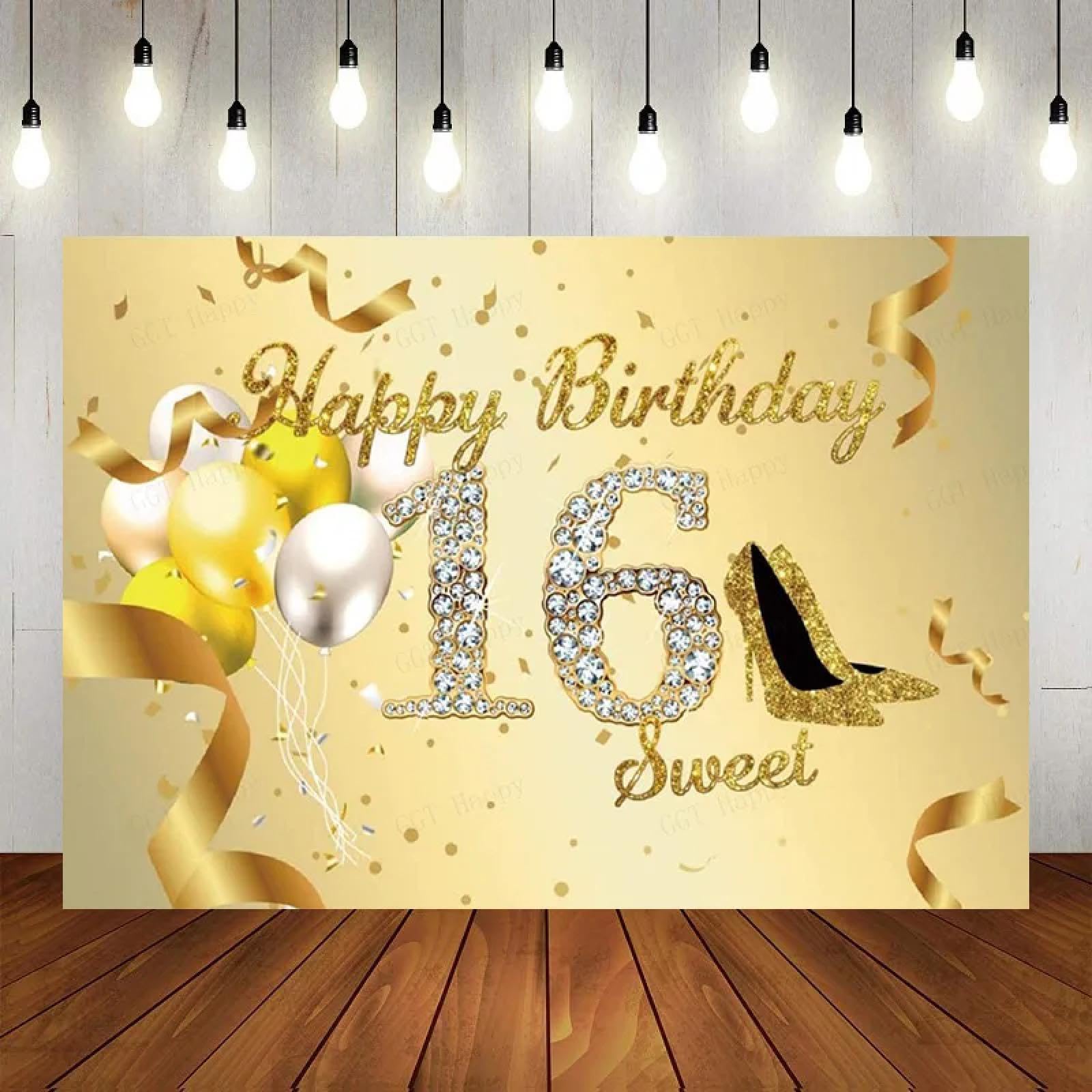 Décoration Anniversaire 16 Ans Noir Et Or - Toile De Fond 250x180 Cm - Bannière, Affiche - Thème Prince/Princesse
