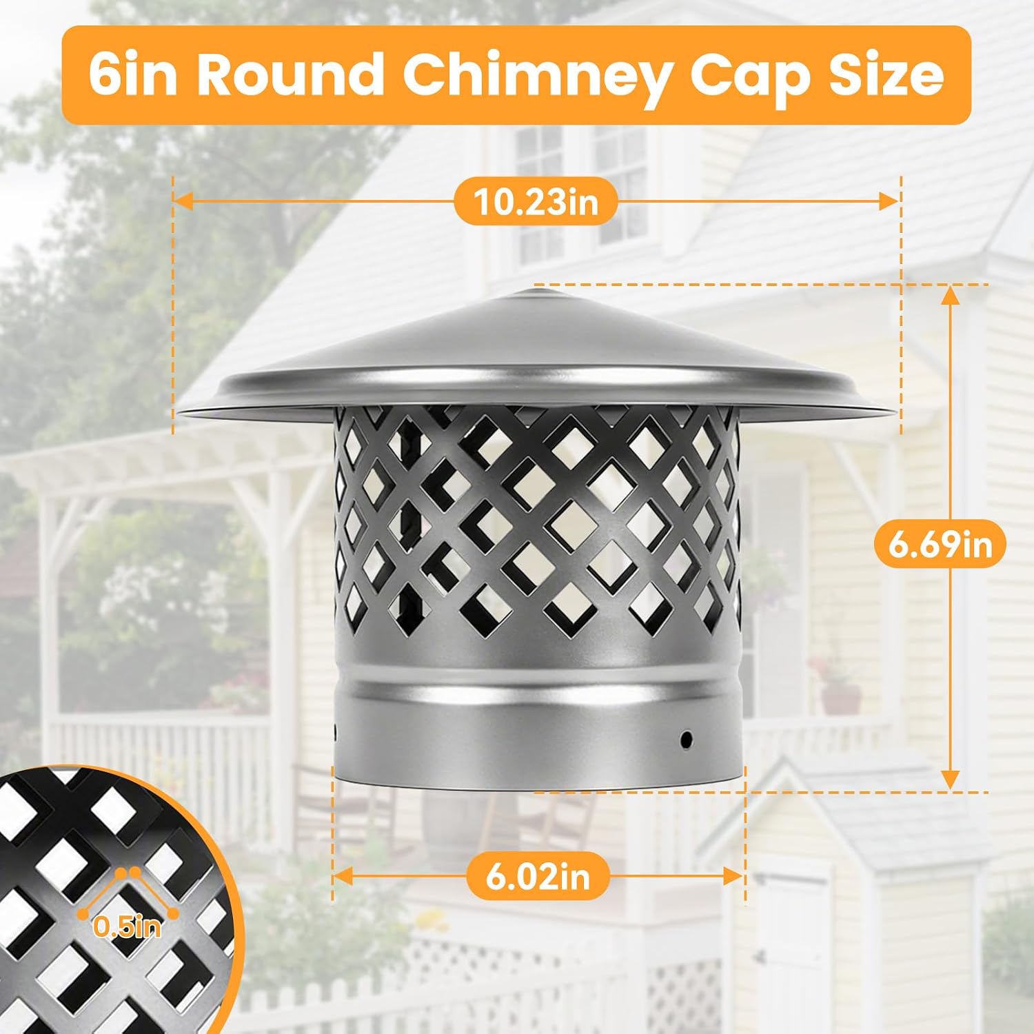 6 Inch Silver Iron Cone Chimney Cap with Mesh Vent Screen