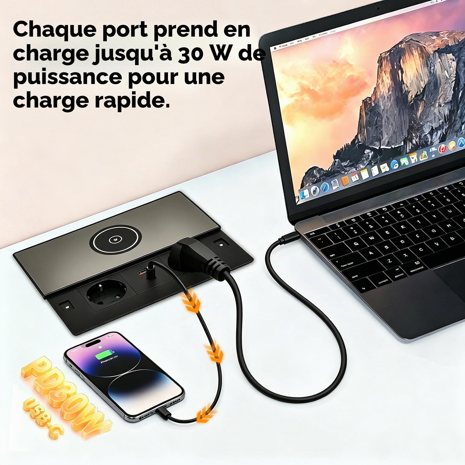Prise Encastrable Escamotable 2 Prises avec Couvercle, USB-C PD 30W et USB-A, Bloc Prise Encastrable pour Plan de Travail avec Charge sans Fil, pour Bureau, Cuisine, Table de Réunion, Câble 1,8 m