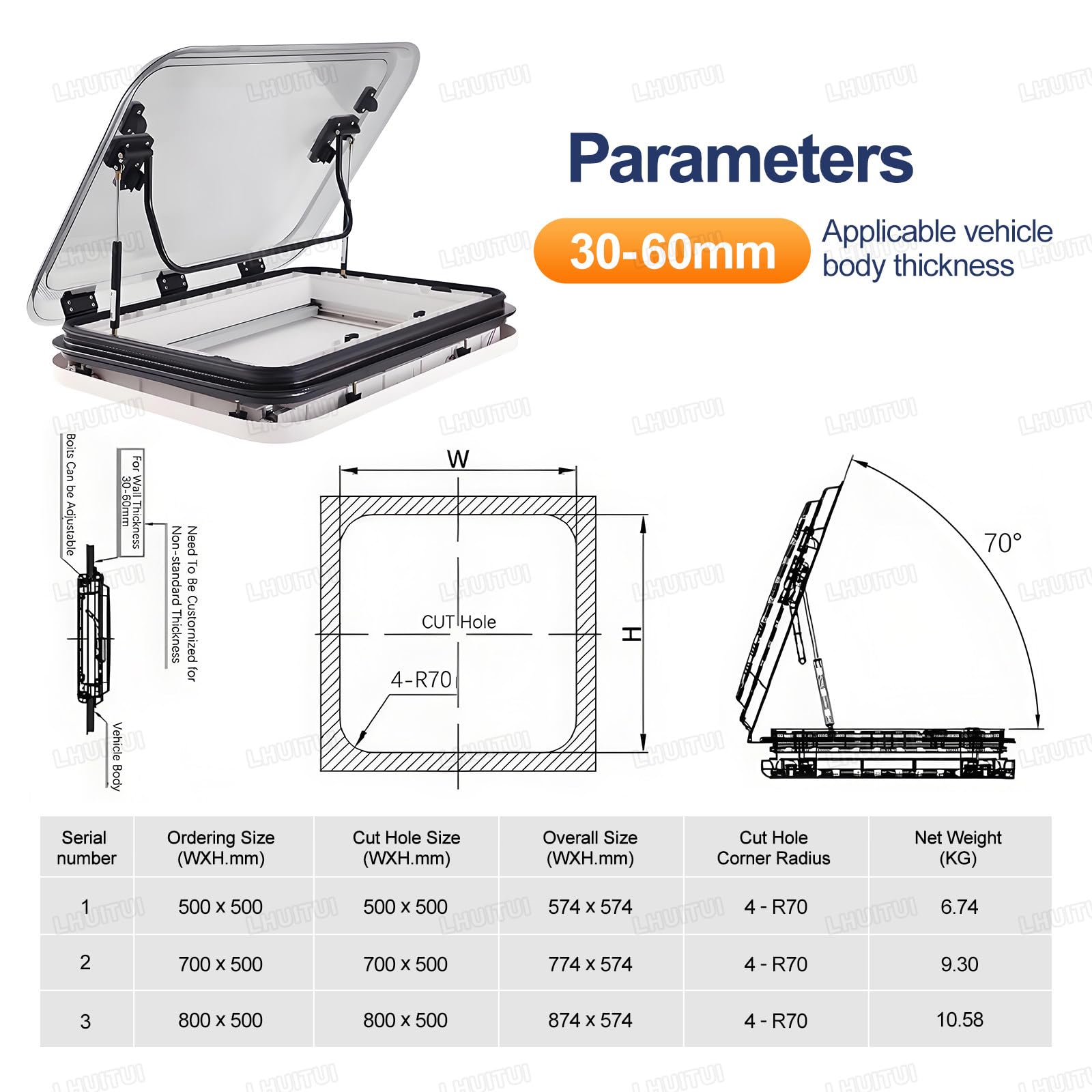 Kit oblò Camper con LED, Oscurante e zanzariera 700 * 500mm | Adatto a camper, caravan, rimorchi e van convertiti; si consiglia l’installazione professionale