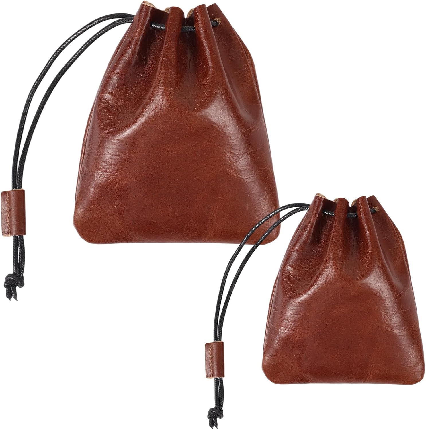 Penitue 2pcs Leather Drawstring Pouch, Brown Cowhide Vintage Leather Storage Bags Pouch Medieval Coin Purse Organizer (2 Sizes)
