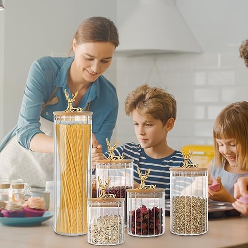 Miniatura 6 de Recipientes de vidrio para almacenamiento de alimentos con tapas herméticas de bambú, paquete de 5 tarros transparentes de almacenamiento de