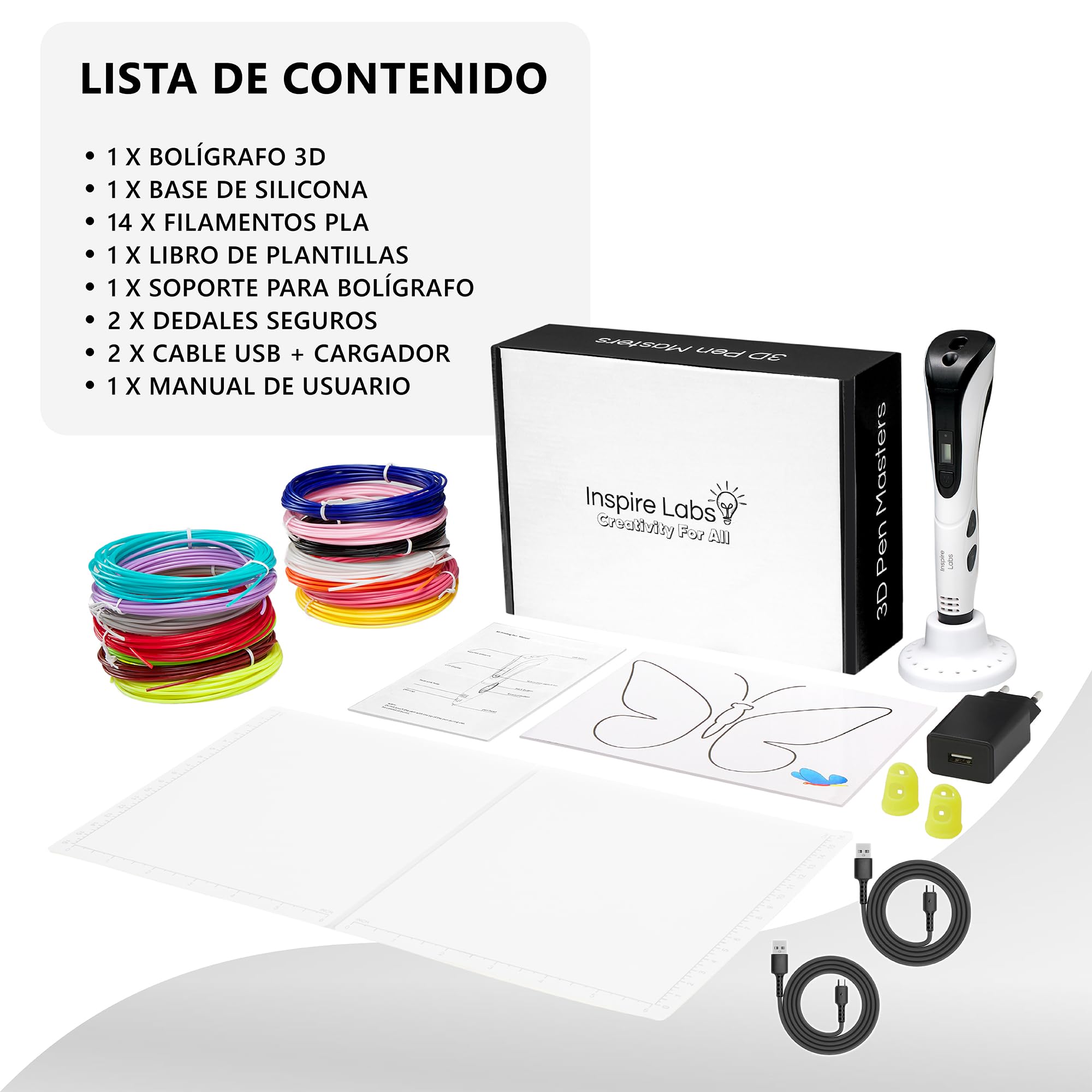 Boligrafo 3D Inspire Labs, Creatividad y Diversión para Niños y Adultos con Apagado Seguro, Base de Silicona, Modo Automático/Manual, 70 M Filamento PLA (14 Colores) + Guía en Español, Lapiz 3D