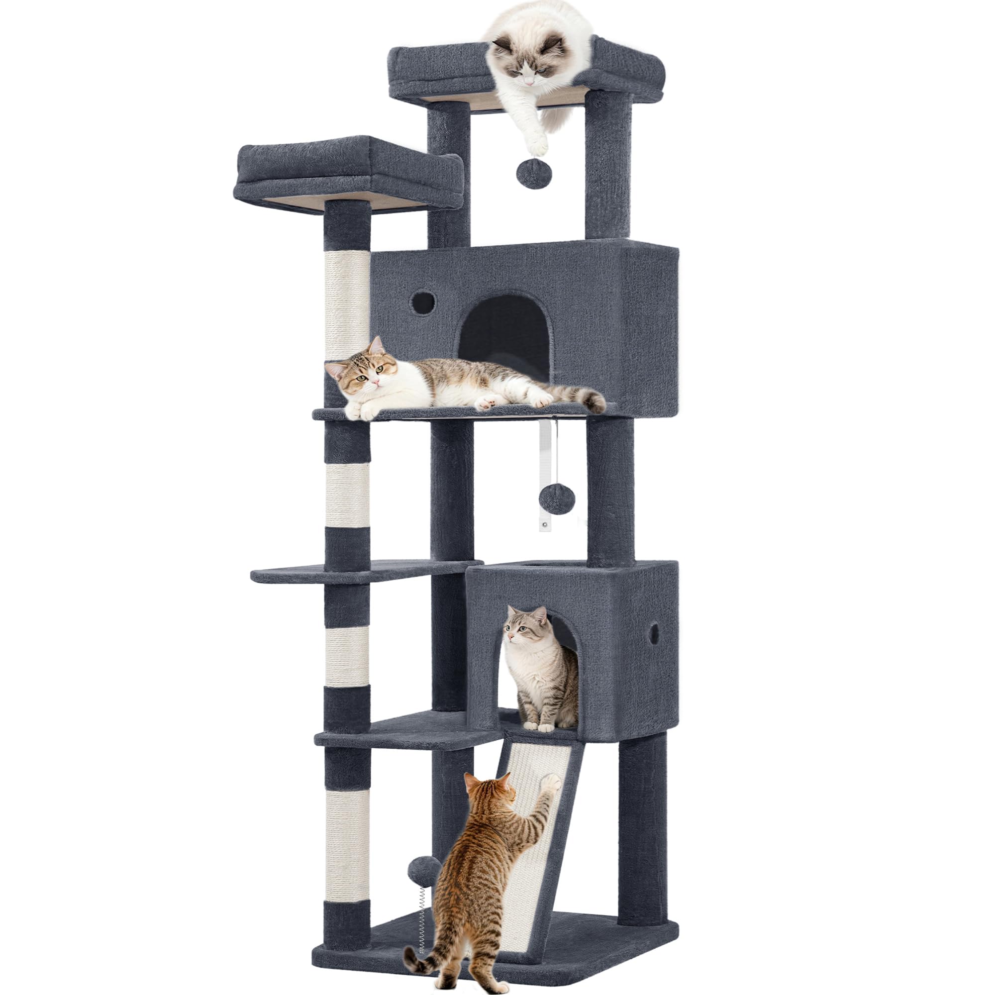 Fobyfurny Cat Tree for Indoor Cats, 178 cm Cat Tower, Multi-Level Cats Climbing Frame with Scratching Posts, Scratch Board, 2 Comfy Condos, 2 Perches, Pompoms, Rest Place, Dark Grey FPMS005FG2