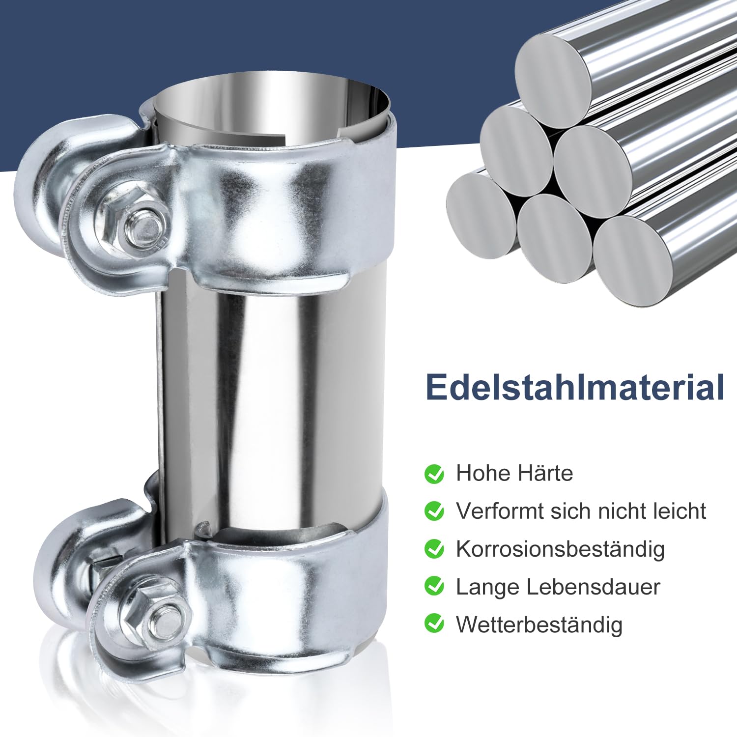 Pijpconnector voor uitlaatklem, 60 mm x 95 mm, buisconnector met dubbele uitlaatklem, roestvrij staal, uitlaatsysteem, universeel