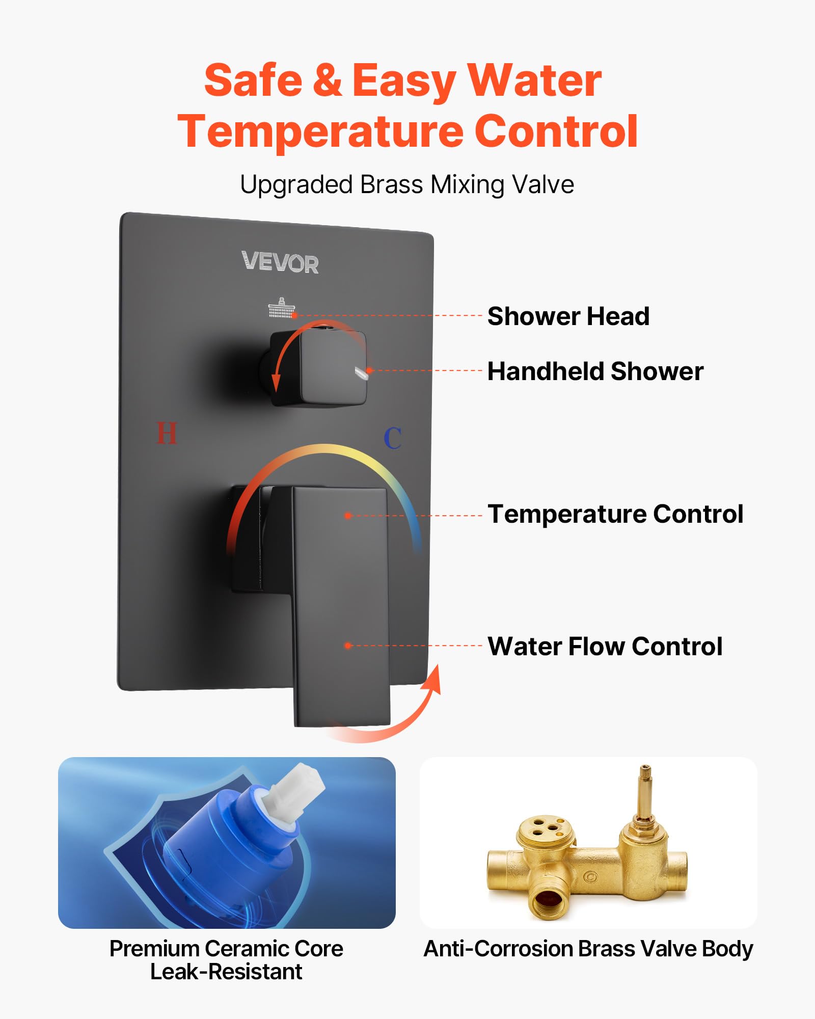 VEVOR Juego de Grifo de Ducha de Lluvia con Cabezal de Ducha Cuadrado de 30,5 cm y Rociador de Mano, Grifería de Techo con Válvula de Latón y Kit de Embellecedor, Color Negro Mate, 6,7 L/min