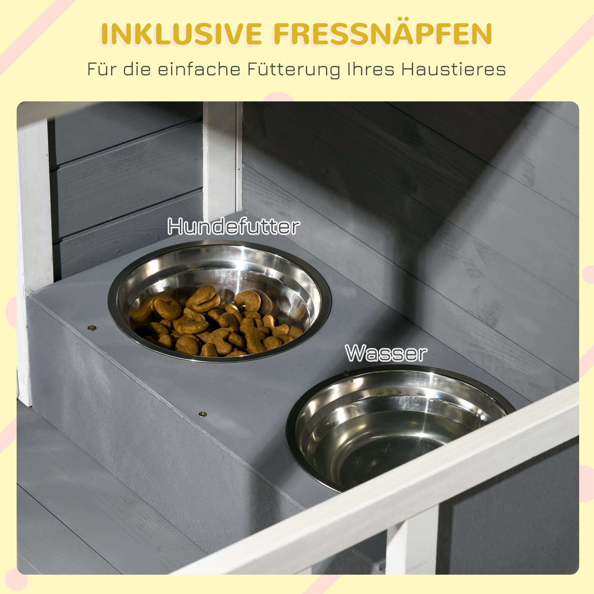 PawHut Hundehütte aus Holz, Hundehaus mit 2 Schüsseln, Terrasse, Outdoor Hundehaus Kleintierhaus für kleine Hunde mit Asphaltdach, für Draußen, Wetterbeständig, Grau, 103 x 62 x 60-66 cm