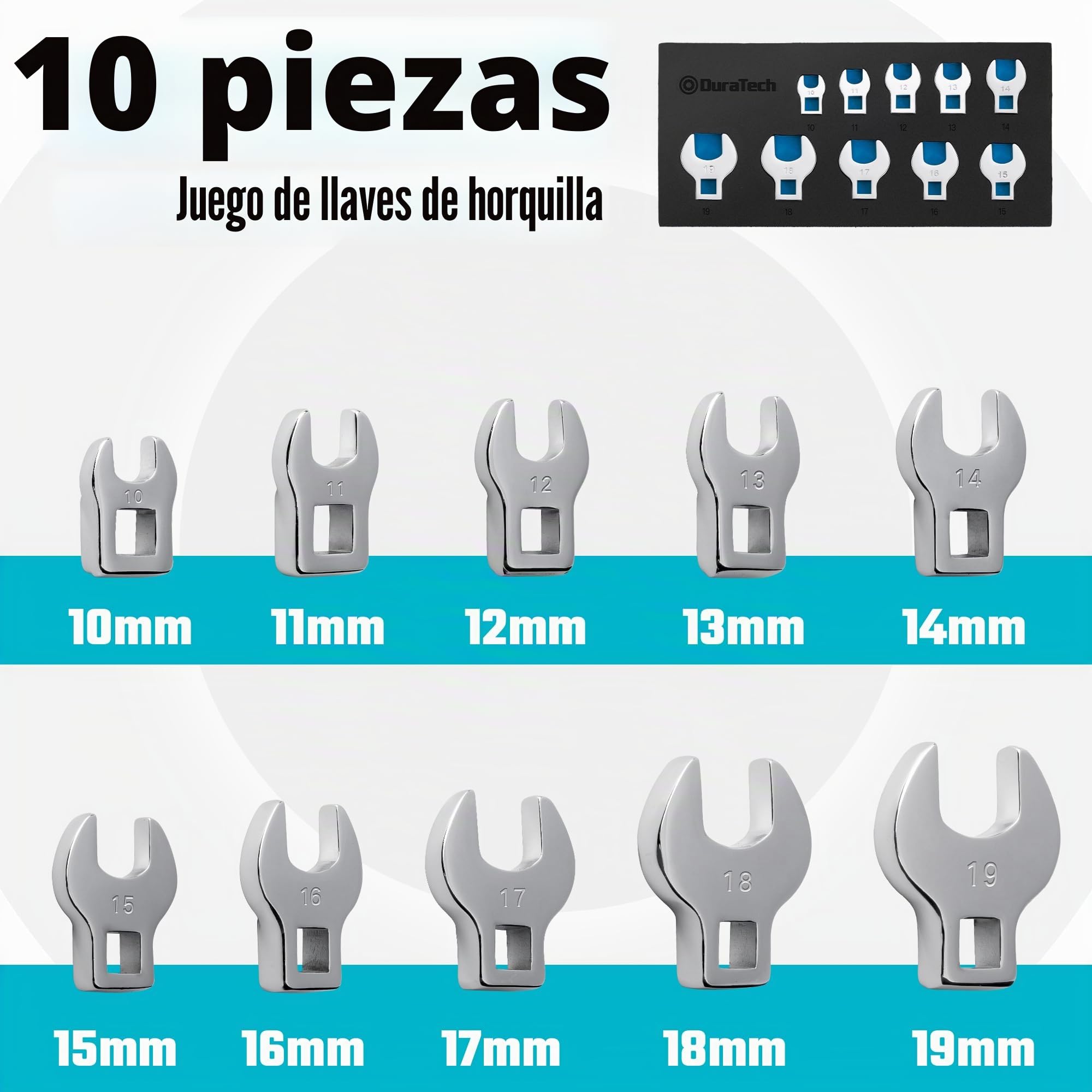 DURATECH Juego de Llaves Crowfoot de 3/8", Juego de 10 Llaves de Pata de Gallo 10-19 mm, Acero Cr-V, con Organizador de Espuma EVA | Para trinquete y llave dinamométrica, organizador EVA