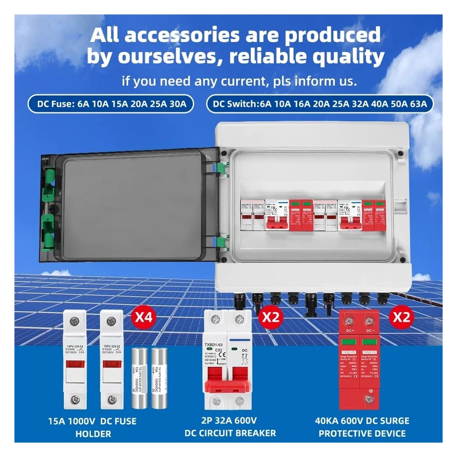 Quadro combinatore fotovoltaico solare FV Protezione da sovratensioni e fulmini 2 stringhe di ingresso uscita DC 600 V Fusibile MCB SPD leisurely(25A DC MCB)