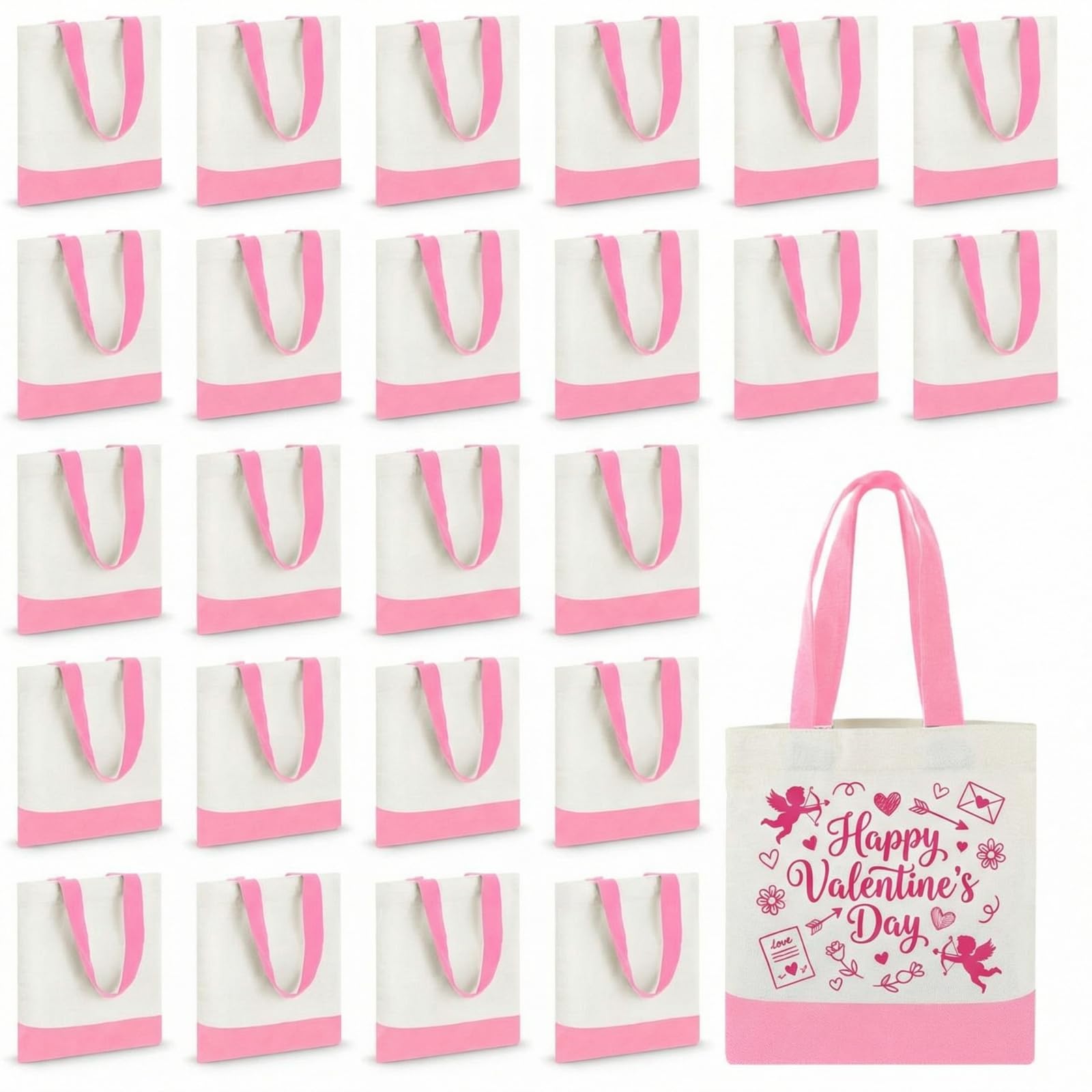 Amylove 24 Pcs Mini Tote Bag Sublimation Blank Canvas Tote Bags Reusable Grocery Luggage DIY Sack Goody for Party Even (8.5 x 8 Inch,White with Pink