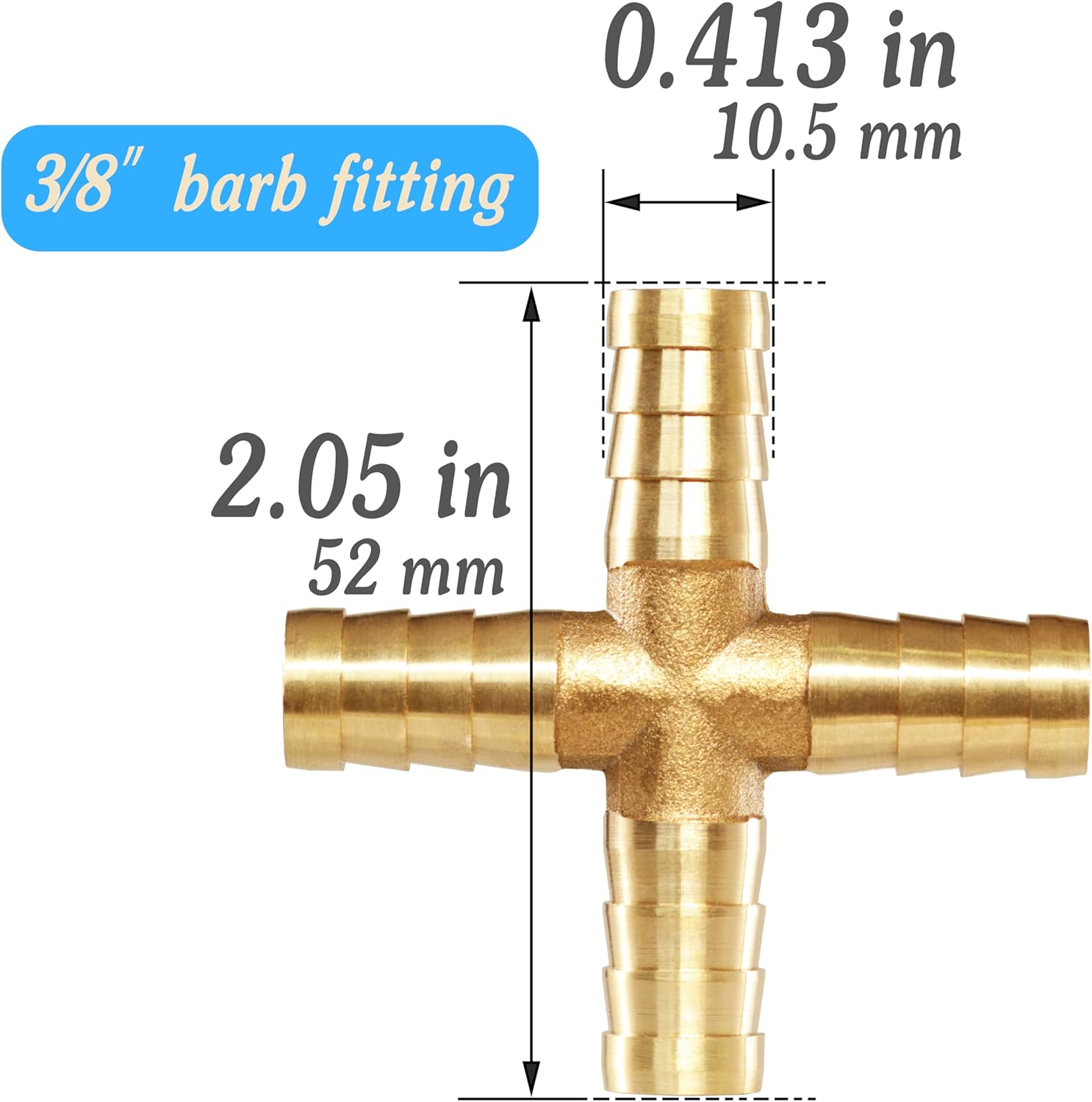 Brass Hose Barb 4 way Fitting 3/8" (10mm) Barb Splicer Mender with Stainless Steel Pipe Clamps air hose repair kit for Pipe Line/Fuel/Air（Pack of 1）(4-way, 3/8 1pcs)