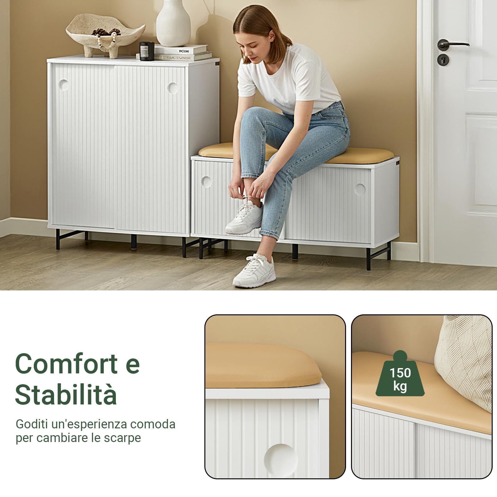 SoBuy Panca scarpiera con ante scorrevoli 85x37x49cm per ingresso | Cassapanca contenitore con seduta e 2 ante scorrevoli, 4 ripiani regolabili, MDF/bambù, carico 150kg FSR116-W