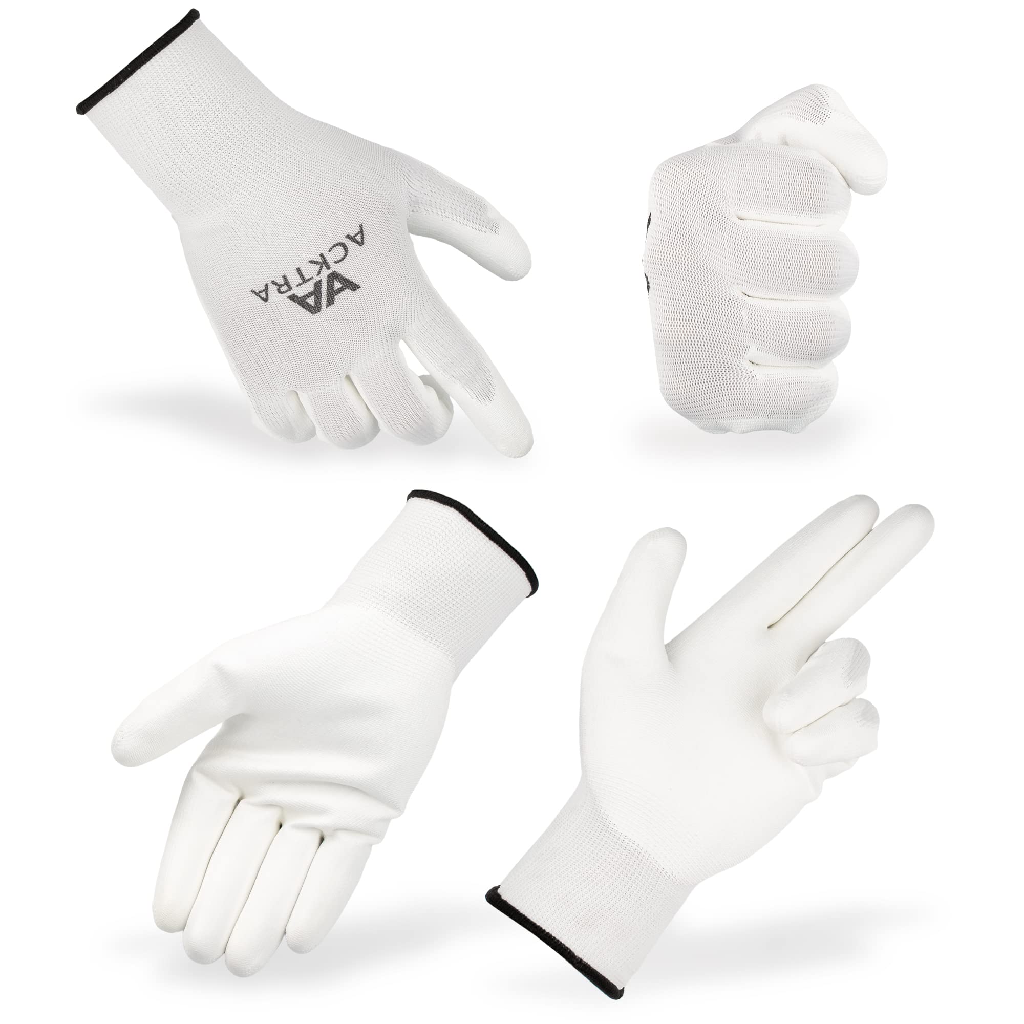 ACKTRA Guantes de trabajo de seguridad de poliuretano ultrafinos, 12 pares, WG002 negro/negro, talla S