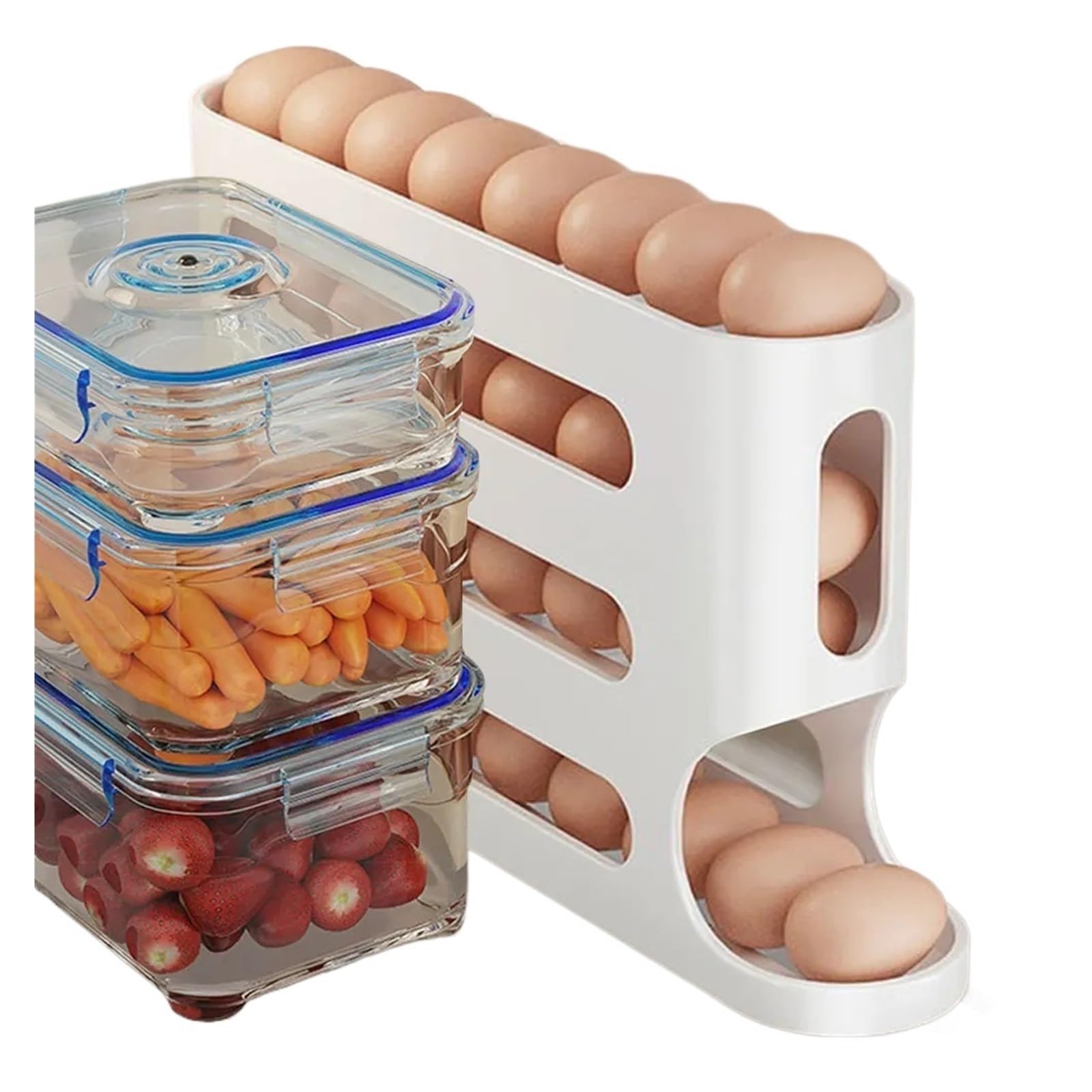 4-stufiger, Automatisch Rollender Eierständer, Kühlschrank-Eier-Aufbewahrungsbox(2Pcs White)