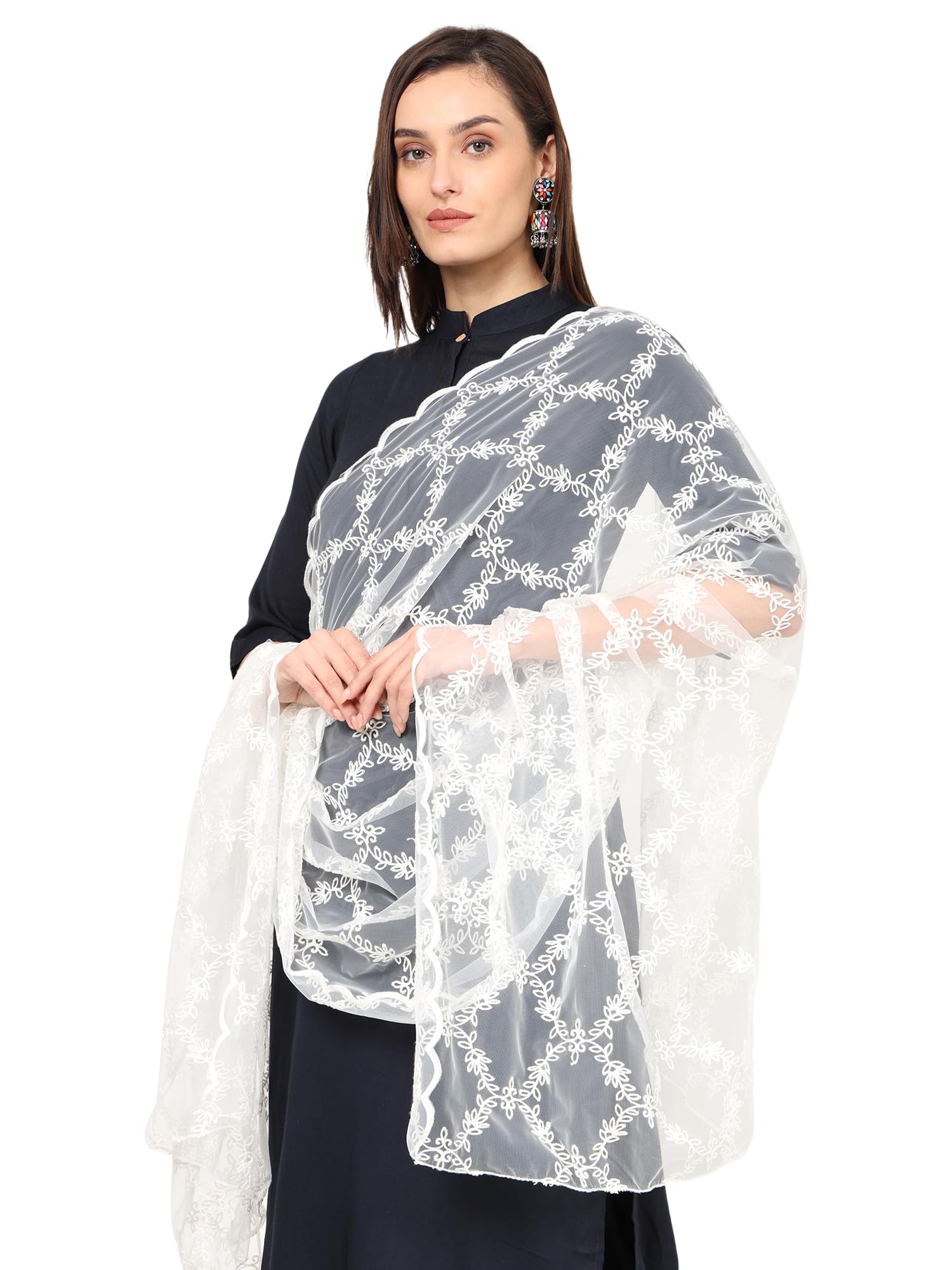 Weavers Villa Women's Net Floral Embroided Dupatta, Chunni (White Net), 2.20 Mtrs