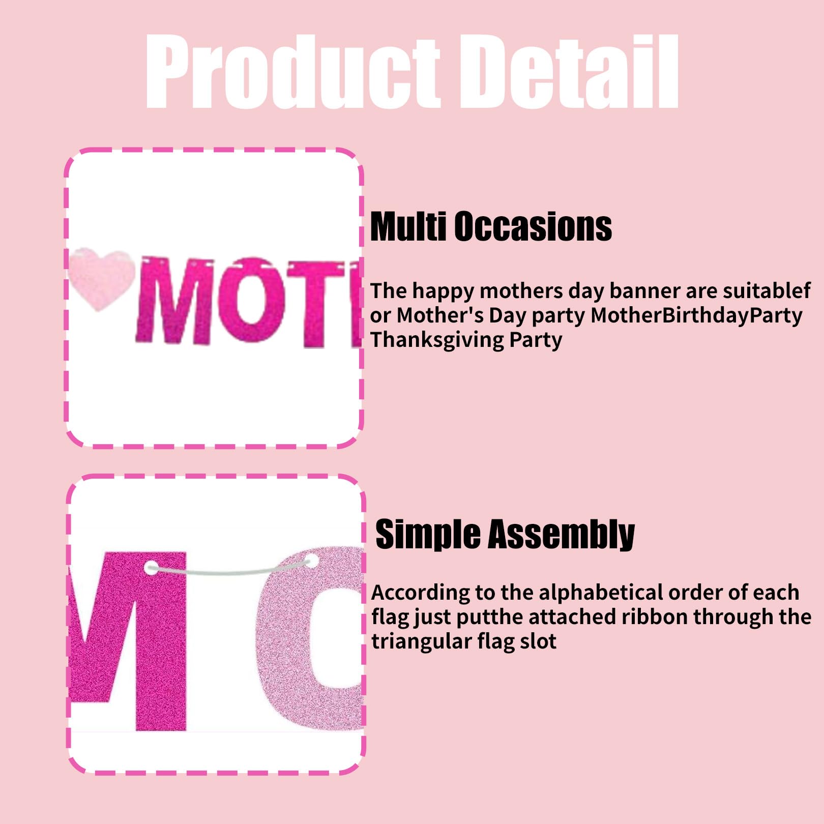 Mothers Day Decorations,Pink Glitter Happy Mothers Day Banner,Elegant Mothers Day Bunting for Indoor Party Decor,Wall Hanging Decoration for Mother - Image 3
