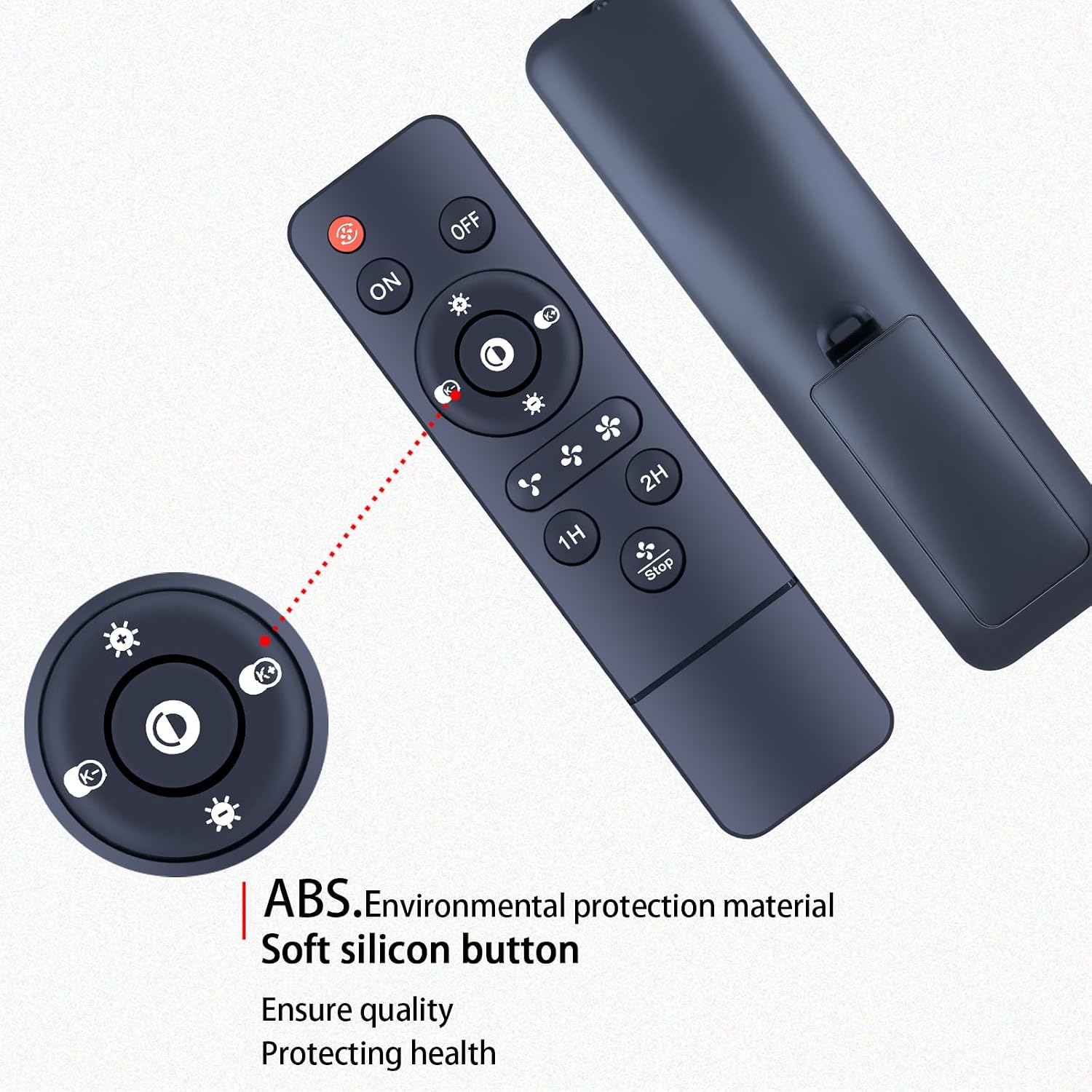 Close-up of the remote control buttons, highlighting the soft silicone material and ABS environmental protection material.
