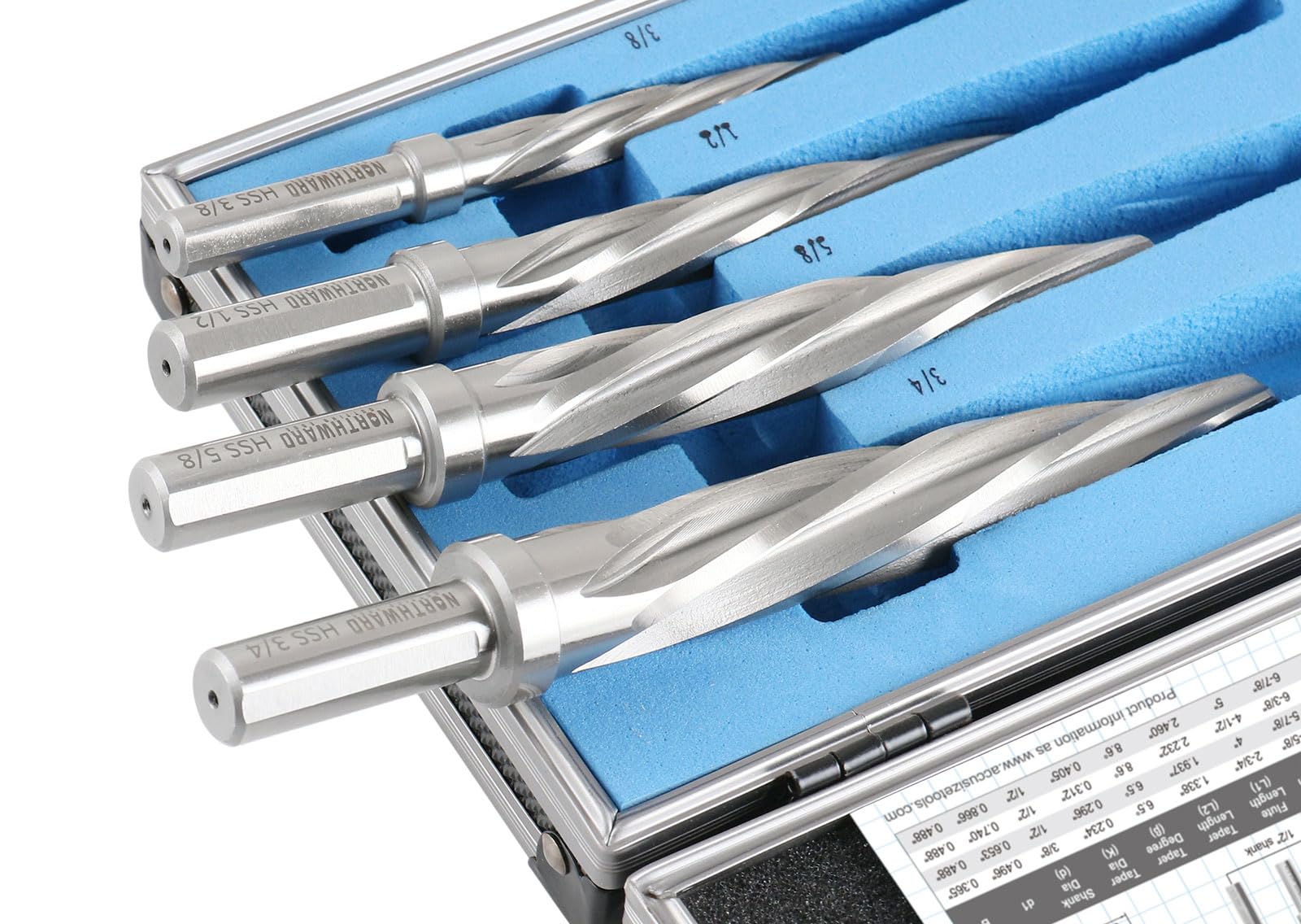 Accusize Industrial Tools 4 szt. H.S.S. Standardowy spiralny flet Super Premium zestaw rozwiertak samochodowy, 3/8", 1/2", 5/8", 3/4", pasuje do uchwytu chwytowego 3/8" lub 1/2", 0522-1808