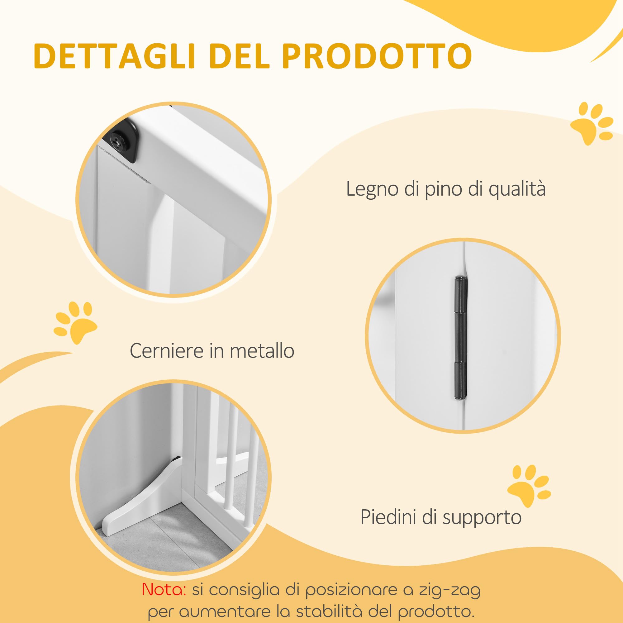 PawHut Cancellino per Cani Medio-Piccola 113-166x36x71cm Bianco | 3 Pannelli, Regolabile, Cancelletto di Sicurezza, 2 Piedini, Serratura, Legno di Pino