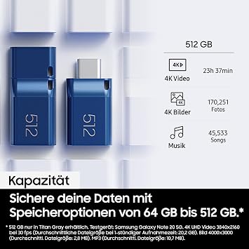 Samsung USB-Stick USB-C 512 GB 400 MB/s Lesen 110 MB/s Schreiben USB 3.2 Gen1 Flash Drive für Notebooks Tablets und Smartphones Blue MUF-512DA/APC