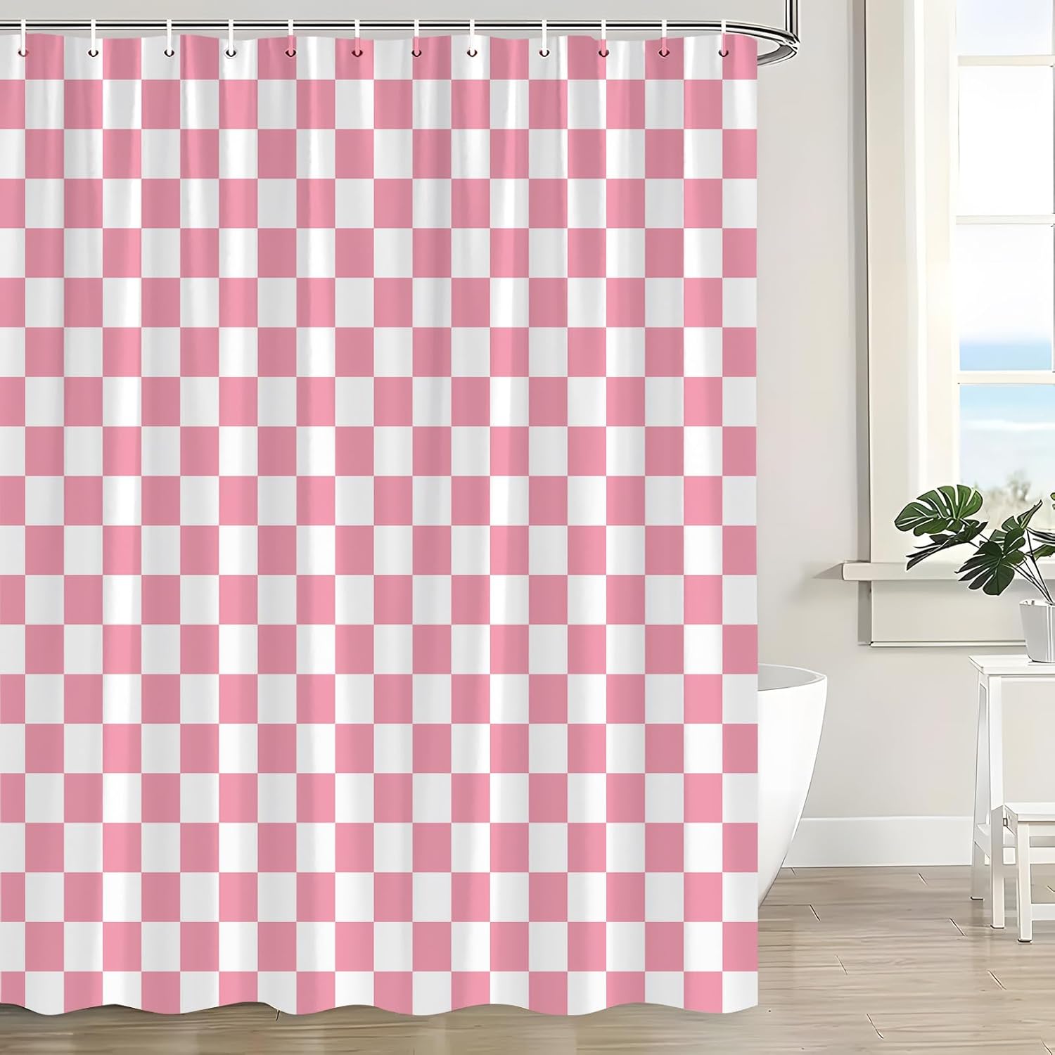 Checkered Shower Curtain Cute Pink and White Retro Checkerboard Vintage Aesthetic Geometric Modern Minimalist Bath Decor Curtain with Hooks, 70x84 Inch