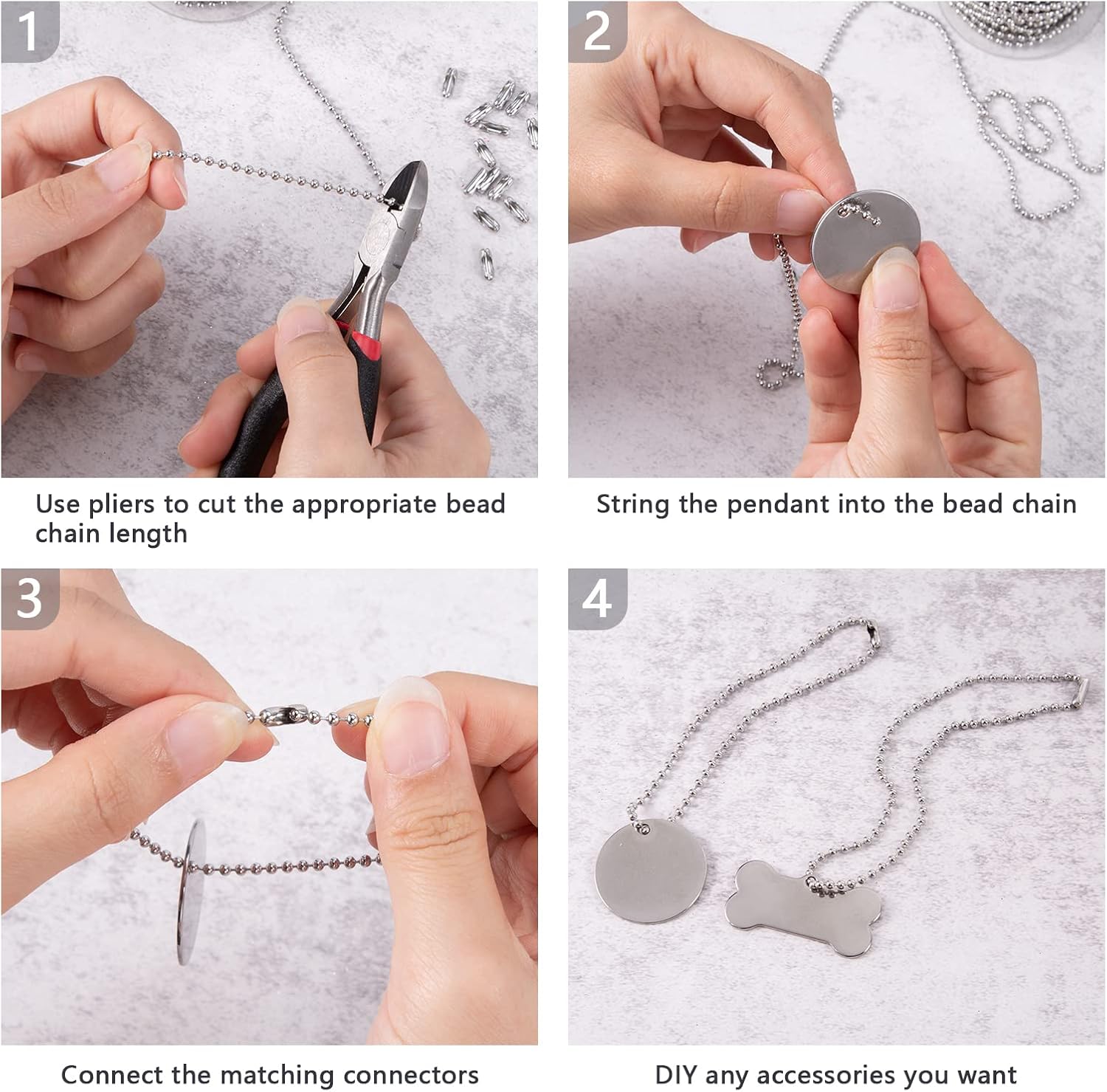 PP OPOUNT 33 Feet Ball Bead Chain, 2.4 mm Stainless Steel Pull Chain Beaded with 50 PCS Matching Connectors, Bead Chain for Jewelry Making Necklace Keychain Dog Tag Chain