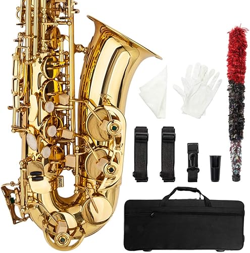 Ktaxon Kit completo de saxofón alto Drop E Latón Sax para estudiantes principiantes con tallado, boquilla, estuche de transporte, guantes, barra de