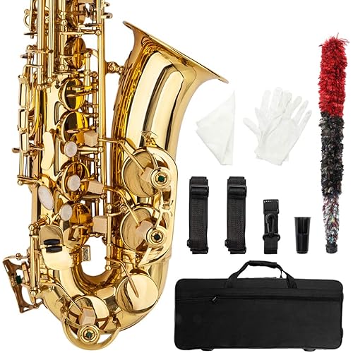Ktaxon Alto Saxophone Drop E Brass Sax Full Kit for Student Beginners with Carving, Mouthpiece, Carrying Case, Gloves, Cleaning Cloth Bar, Detachable Strap, Shoulder Strap, Reed, Lacquered