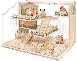 Gaiola de hamster de madeira grande, gaiola de acrílico de 3 camadas de 40,6 cm, gaiolas para animais pequenos com plataforma e cercadinho para observação direta, suprimentos para animais de estimação