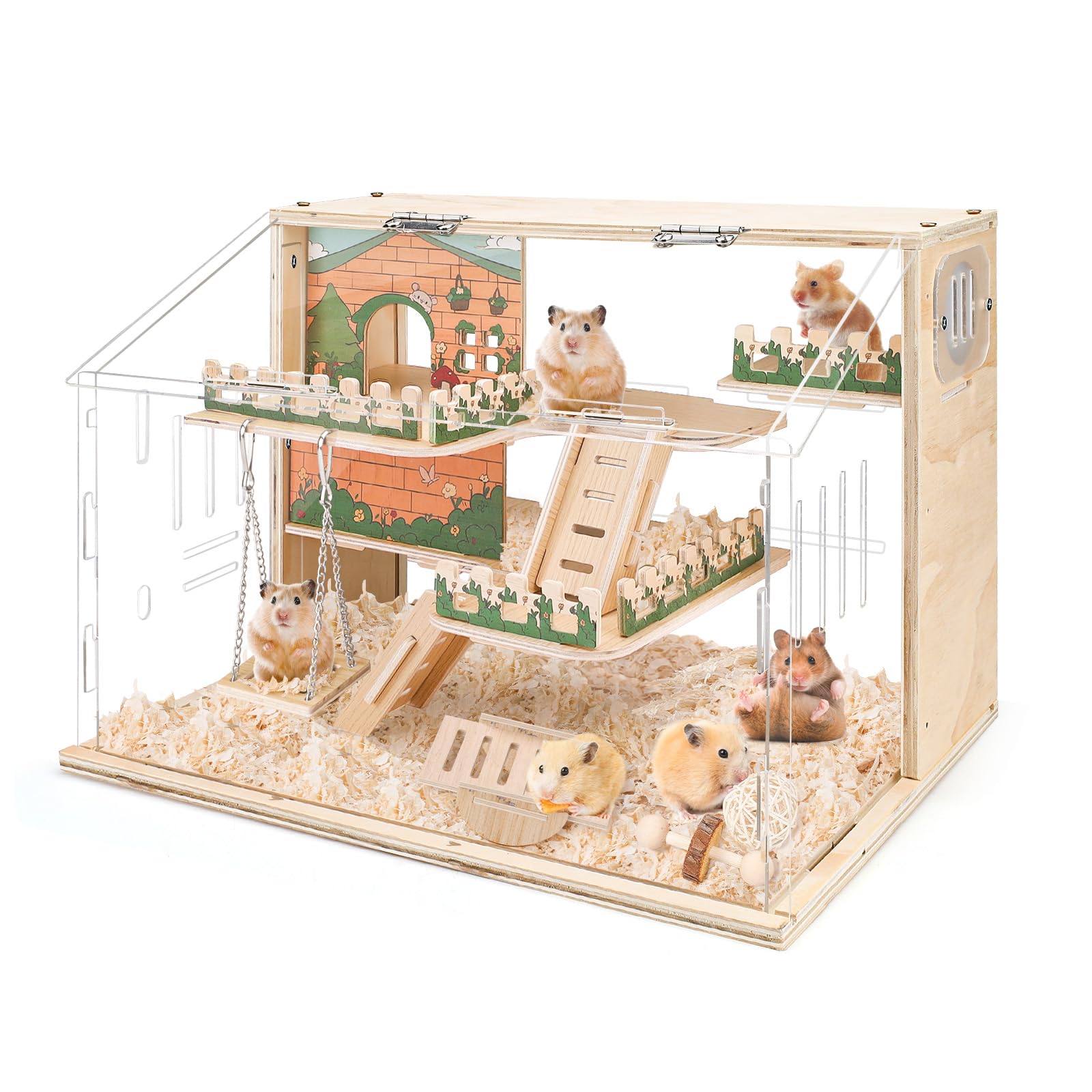 Hamsterkäfig Holz Groß 40.6 cm 3-lagiger Acryl Hamsterkäfig Kleintierkäfig mit Plattform und Laufstall für Direkte Beobachtung, Haustierbedarf