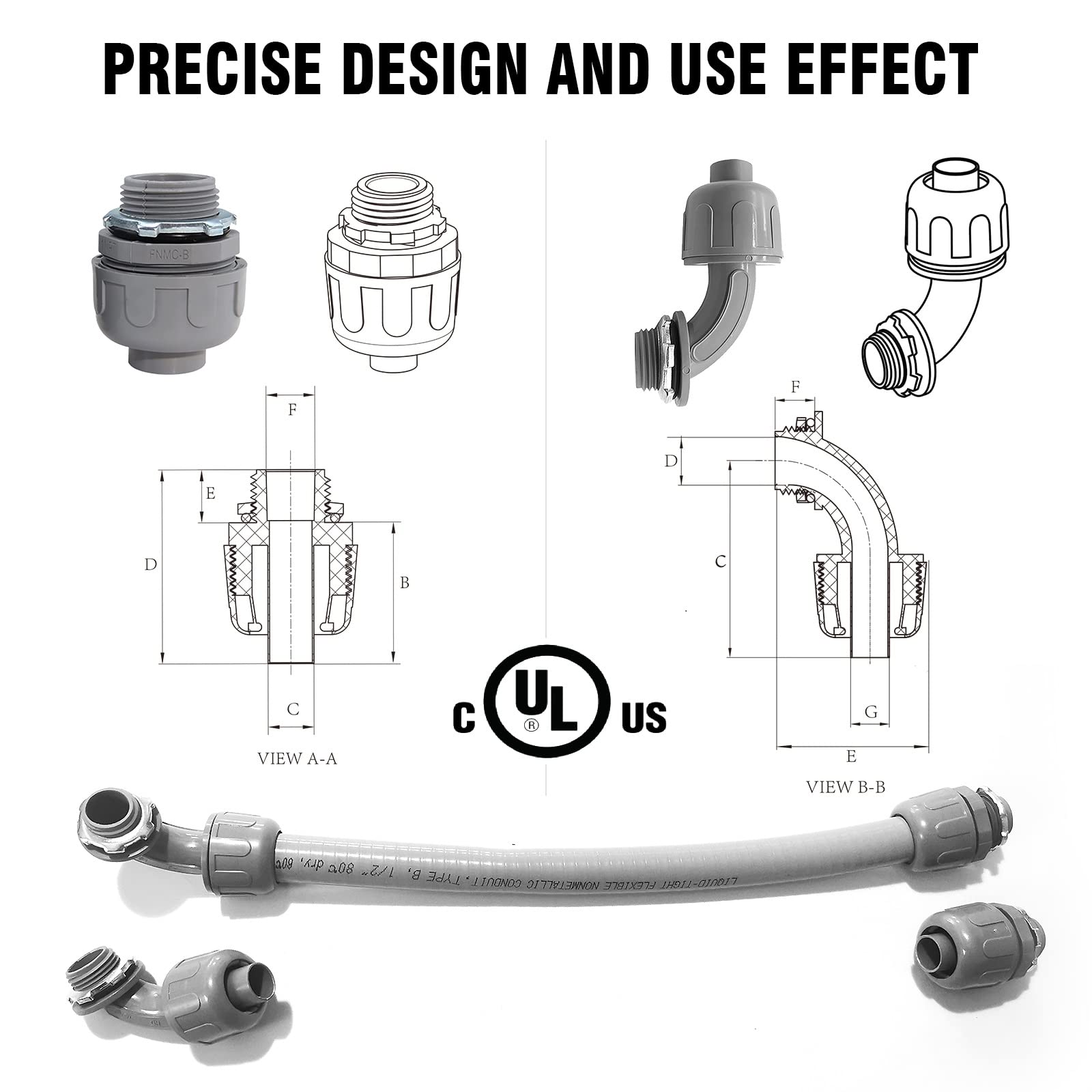 Conector flexible de conducto hermético a líquidos de 1/2 pulgada, conector de conducto flexible de PVC, accesorios de conducto eléctrico, certificado UL (1/5.1 cm-30 unidades)
