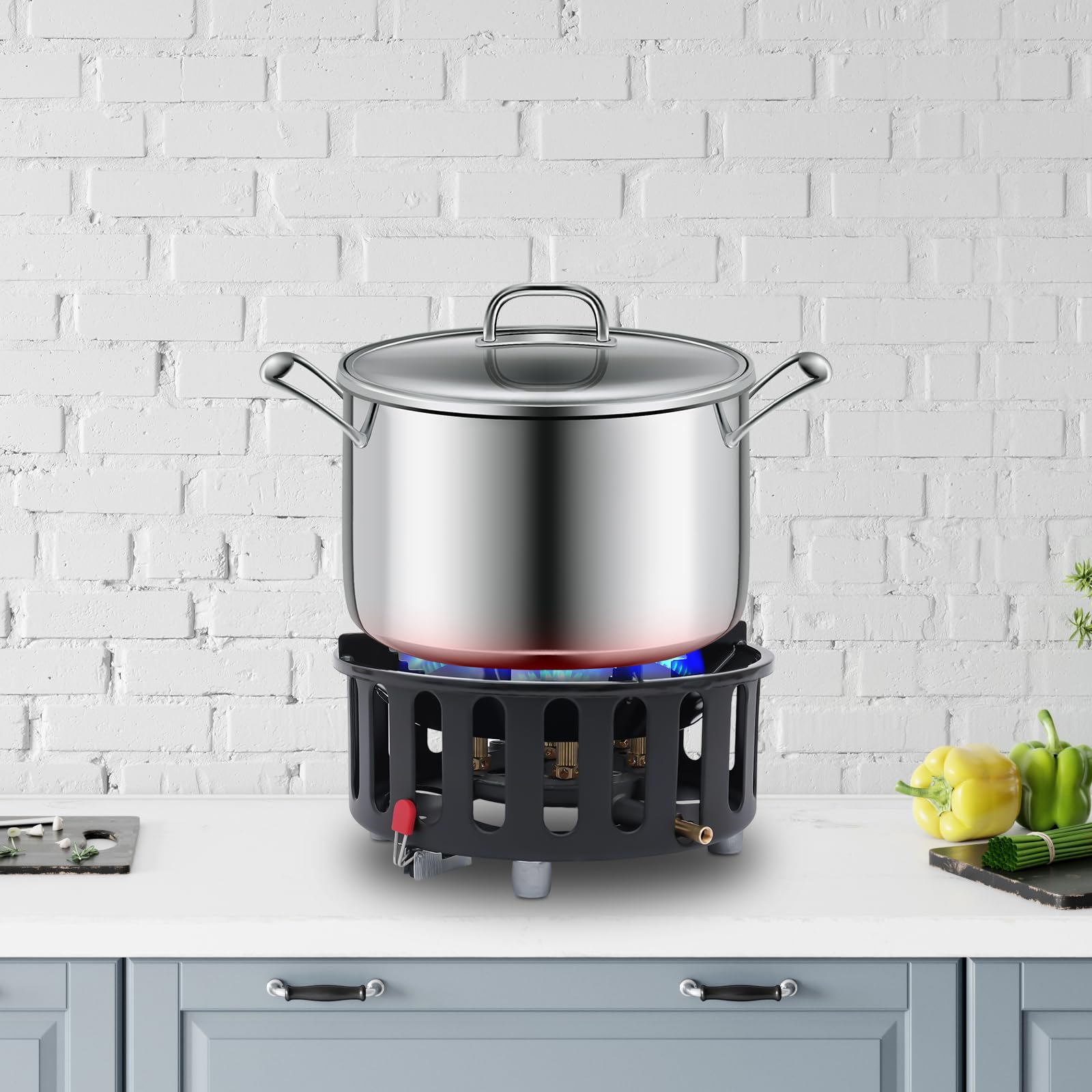 Hornillo de gas portátil de 21000 W, estufa de gas ajustable con 7 cabezales de quemador y 3 adaptadores para senderismo, trekking, pícnic, cocina al aire libre