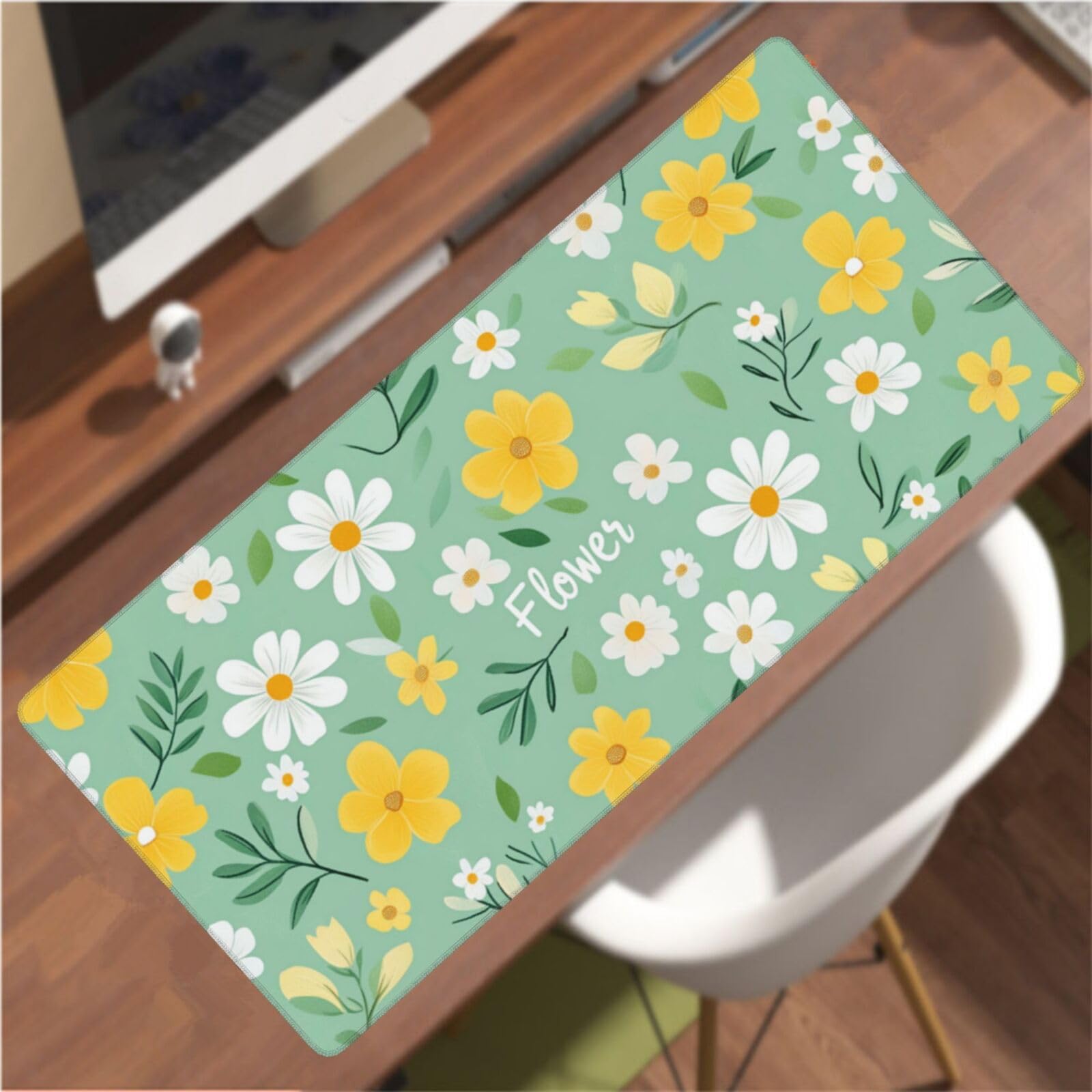 Tappetino Mouse XXL Fiore & Giallo, 100 x 50 cm Tappetino da Scrivania G512 | Tappetino per Mouse, Base in Gomma Antiscivolo, Superficie Impermeabile, Bordi Cuciti, Tappetino Scrivania per Ufficio, Gioco