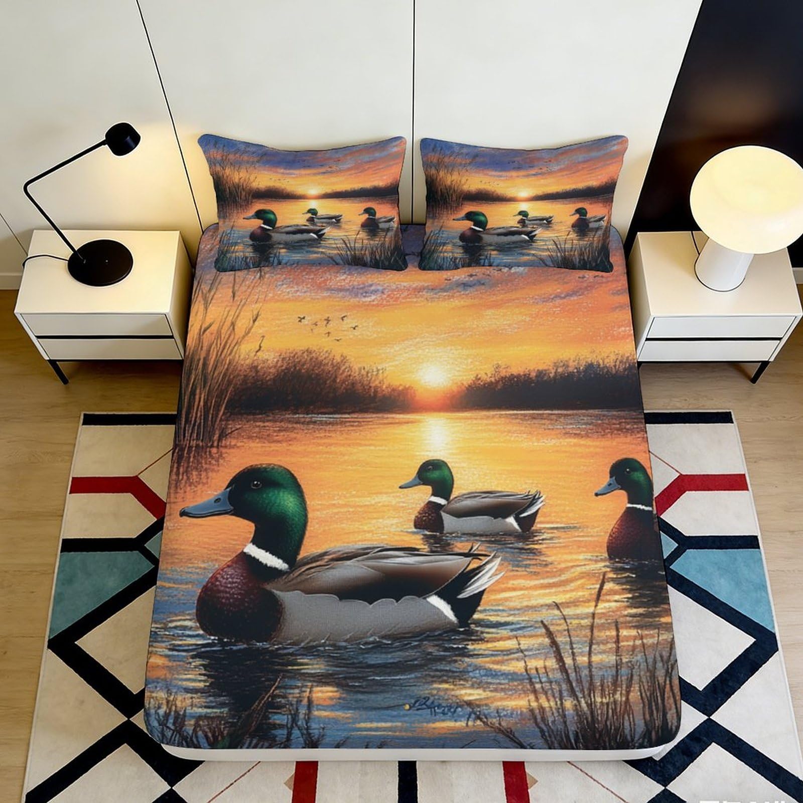 3D Printed Sunset Lake Ducks Fitted Sheet Microfiber Soft Bed Cover for Bedroom Guest Room Mattress Protection 90x200x25cm