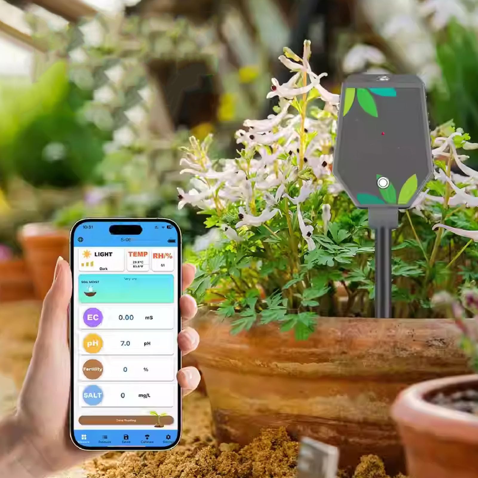 Bewinner 8 en 1 Probador de Suelo Bluetooth, Temperatura de PH Digital de la Temperatura del Sol Fertilidad Ambiental y Medidor de Suelo con Pantalla LCD para Plantas en Interiores