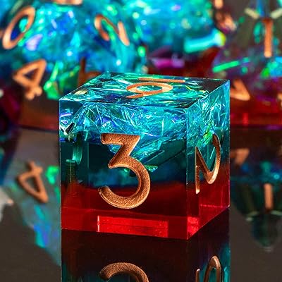 KERWELLSI DND Resin Sharp Edged Dice Set, Handmade 7pcs Polyhedral Dice Set D20 D12 D10 D8 D6 D4 Glitter Inclusions RPG Ro...