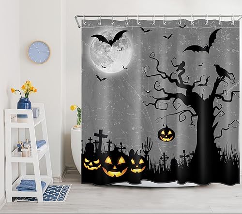 Miniatura 2 de EOBTAIN Cortina de ducha de calabaza de Halloween espeluznante para baño, cortina de ducha de murciélago y cuervo en el árbol muerto con 12 ganchos