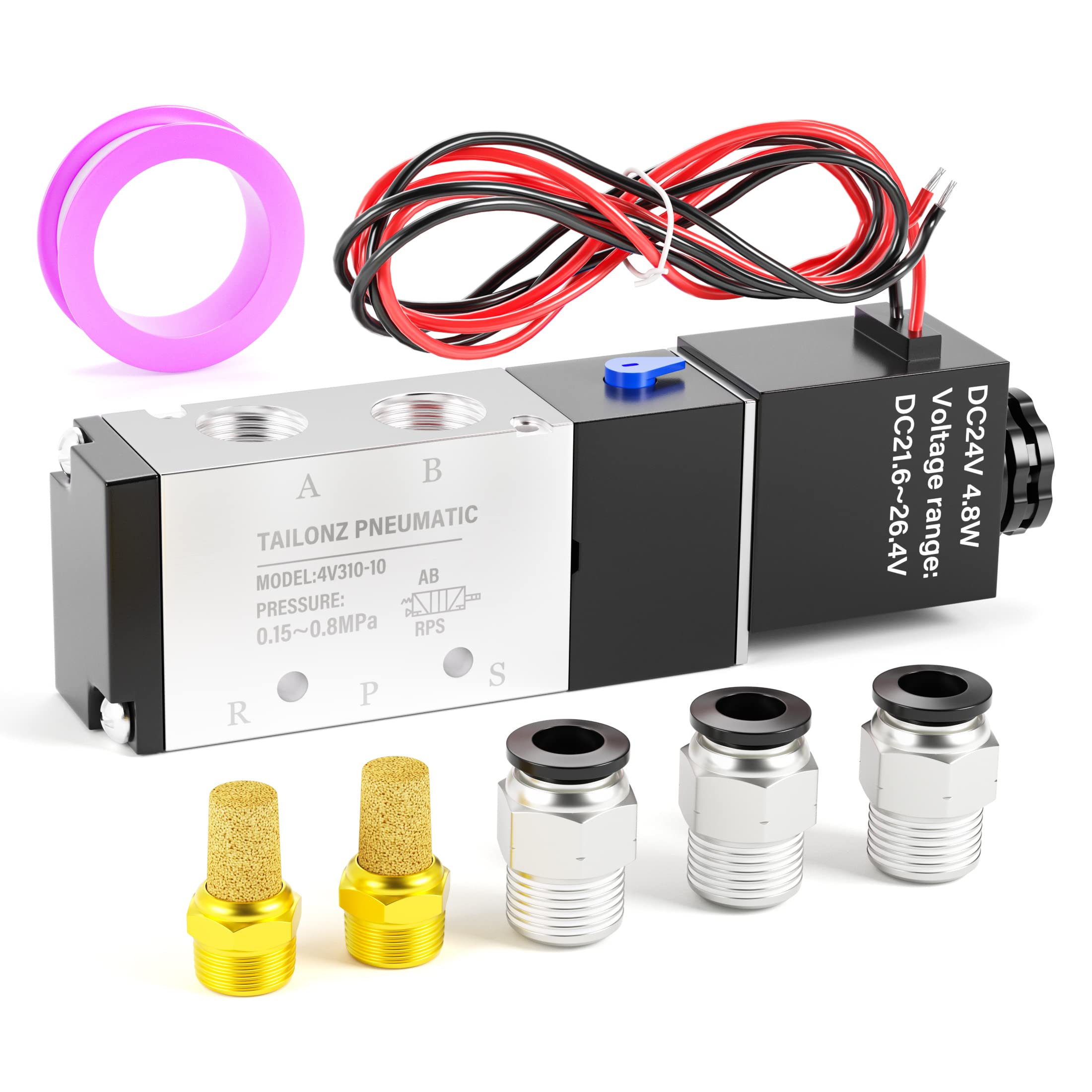 TAILONZ PNEUMATIC 3/8"NPT 24V Solenoid Valve 4V310-10 12V/24V/110V/220V Single Coil Pilot-Operated Electric 2 Position 5 Way Connection Type（Outlet