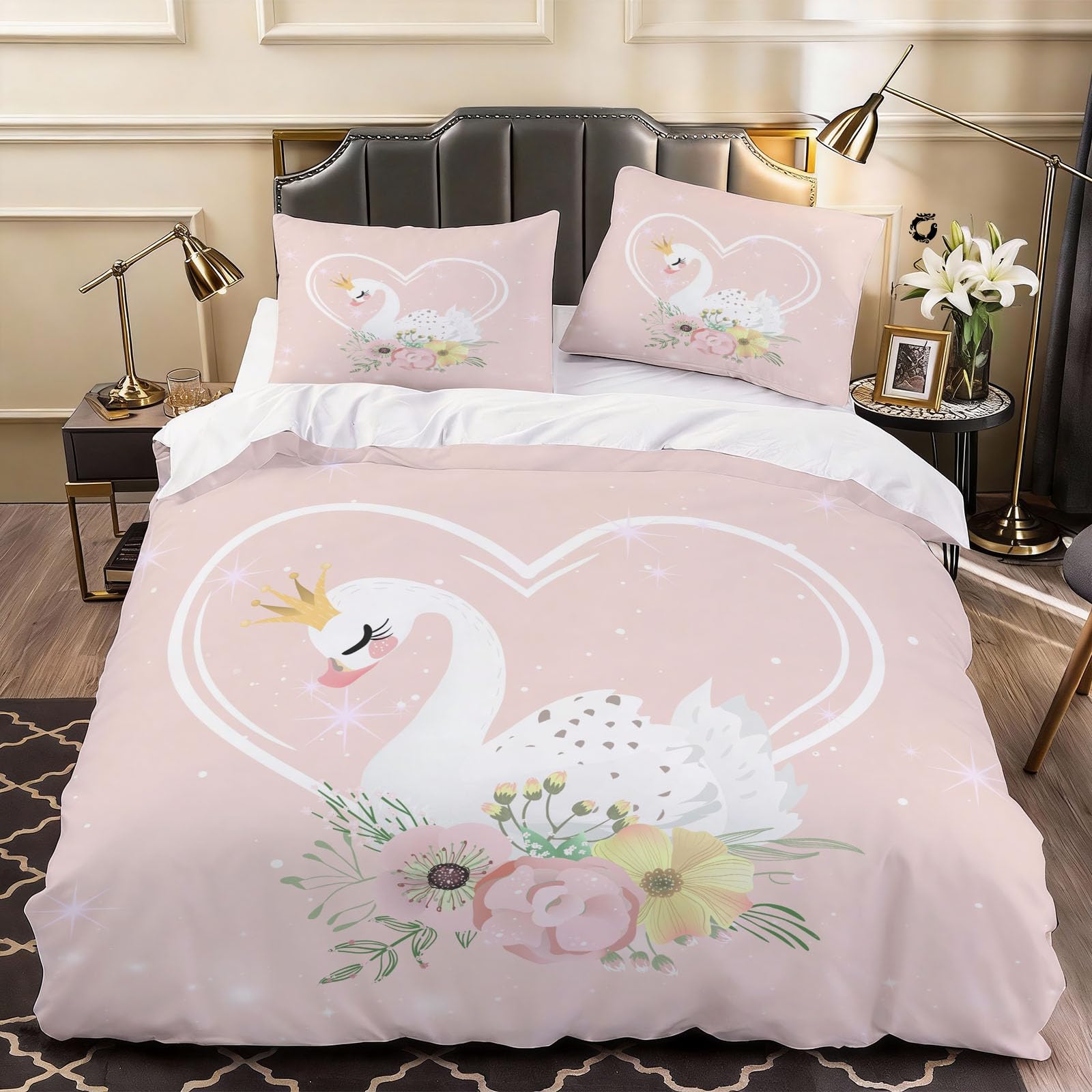 3D Swan Animal Duvet Cover Blossom Flowers Bedding Double Bed Set, Soft Microfiber Comforter Cover Printed with Zipper Closure Quilt Coverr 200x200 cm and 2 Pillowcases