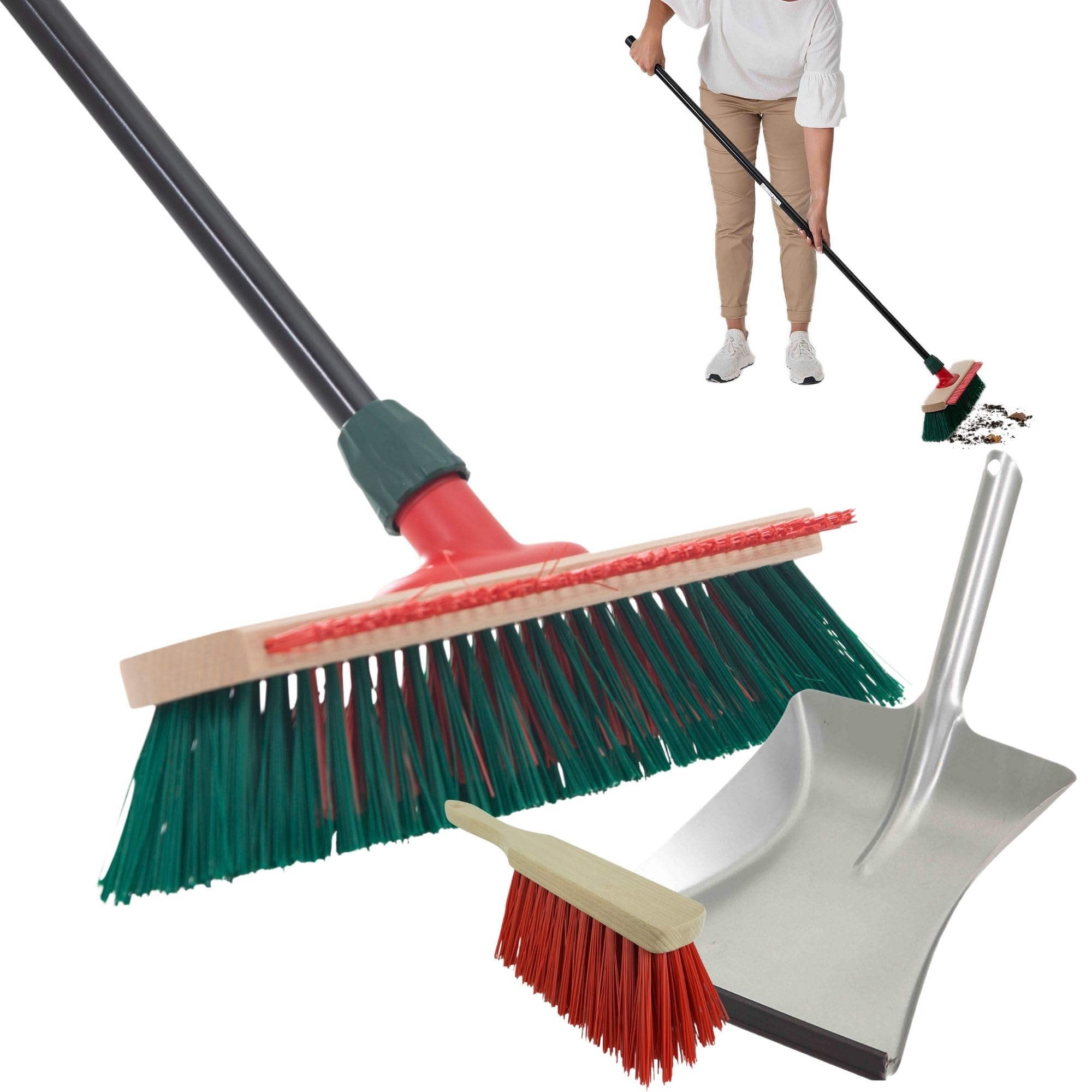 Novaliv Scopa da giardino in elaston con listello tiragraffi verde/rosso | scopa con manico telescopico | paletta in elaston | scopa per strada Garden Broom