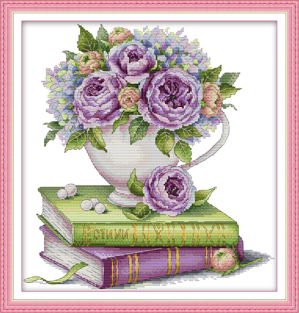 Meecaa Cross Stitch Kits 14 Count Stamped, Flower Rose Book Embroidery Kit with Accessories Pre Printed（51x59CM (Book)