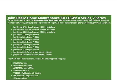 Miniatura 2 de John Deere LG249 Kit de mantenimiento de casa GT 245 GX 255 335 X 320 324 340 Z 445 465