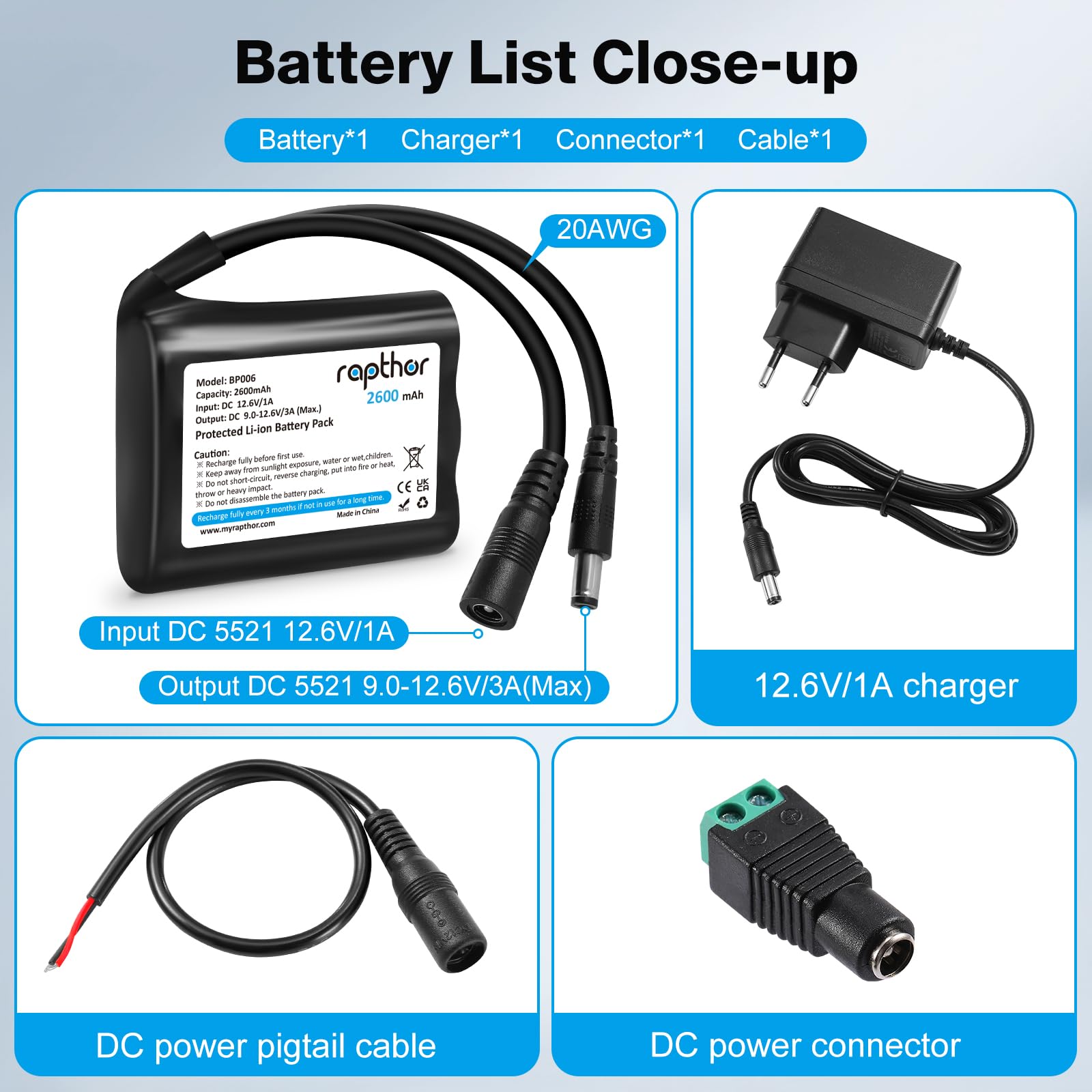 Rapthor Batterie Lithium-ION Rechargeable 12 V 2600 mAh avec Chargeur, Compatible avec Les appareils 12 V, Les projets de Bricolage, Les radios, Les Lampes de pêche, Les Bandes