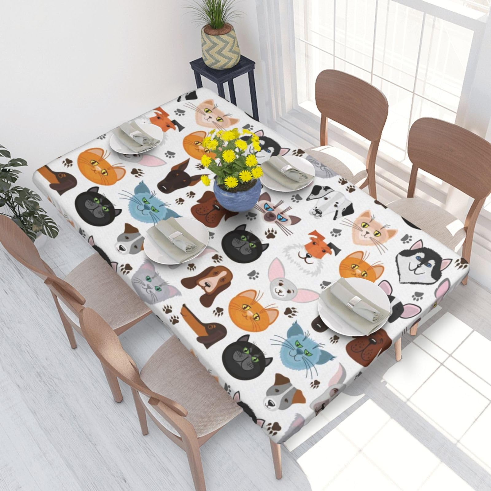 BNVSADC Cartoon Cat and Dog Printed 4FT Tablecloth 122x76 CM Polyester Kitchen Water Resistant Table Cloth Dining Table Decoration Table Covers